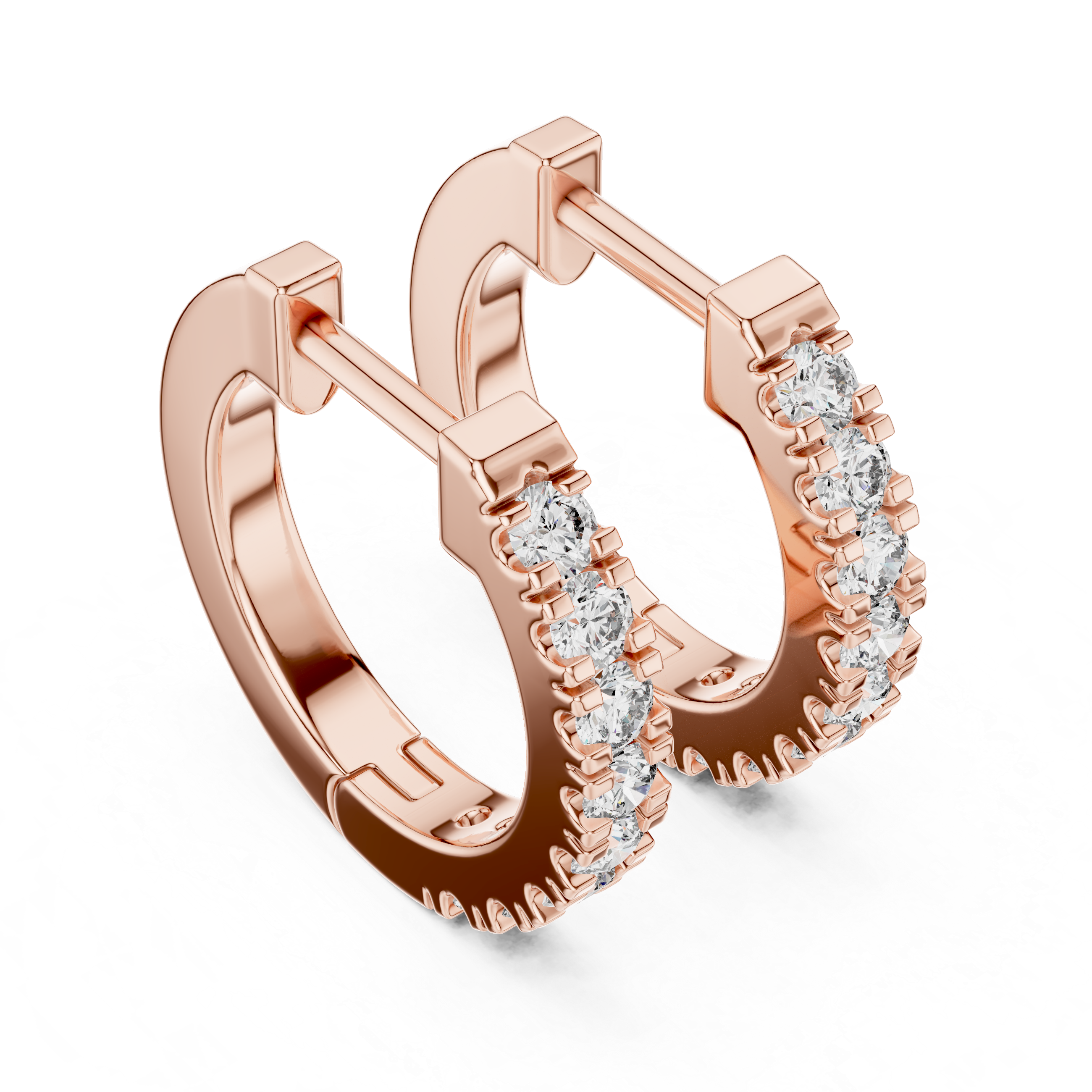 Rose gold hoop earrings with embedded diamonds on a white background