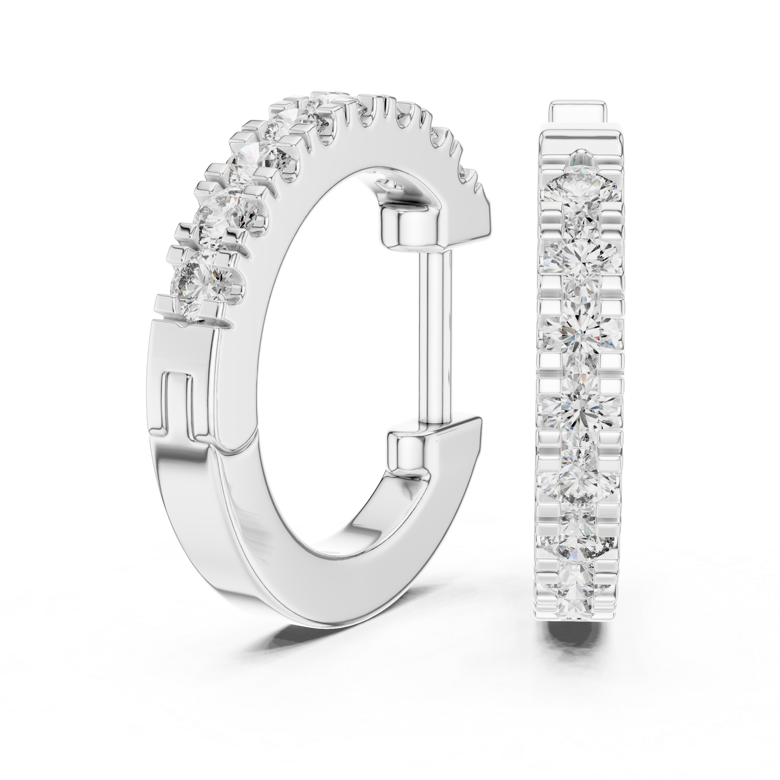 Pair of diamond hoop earrings on a white background