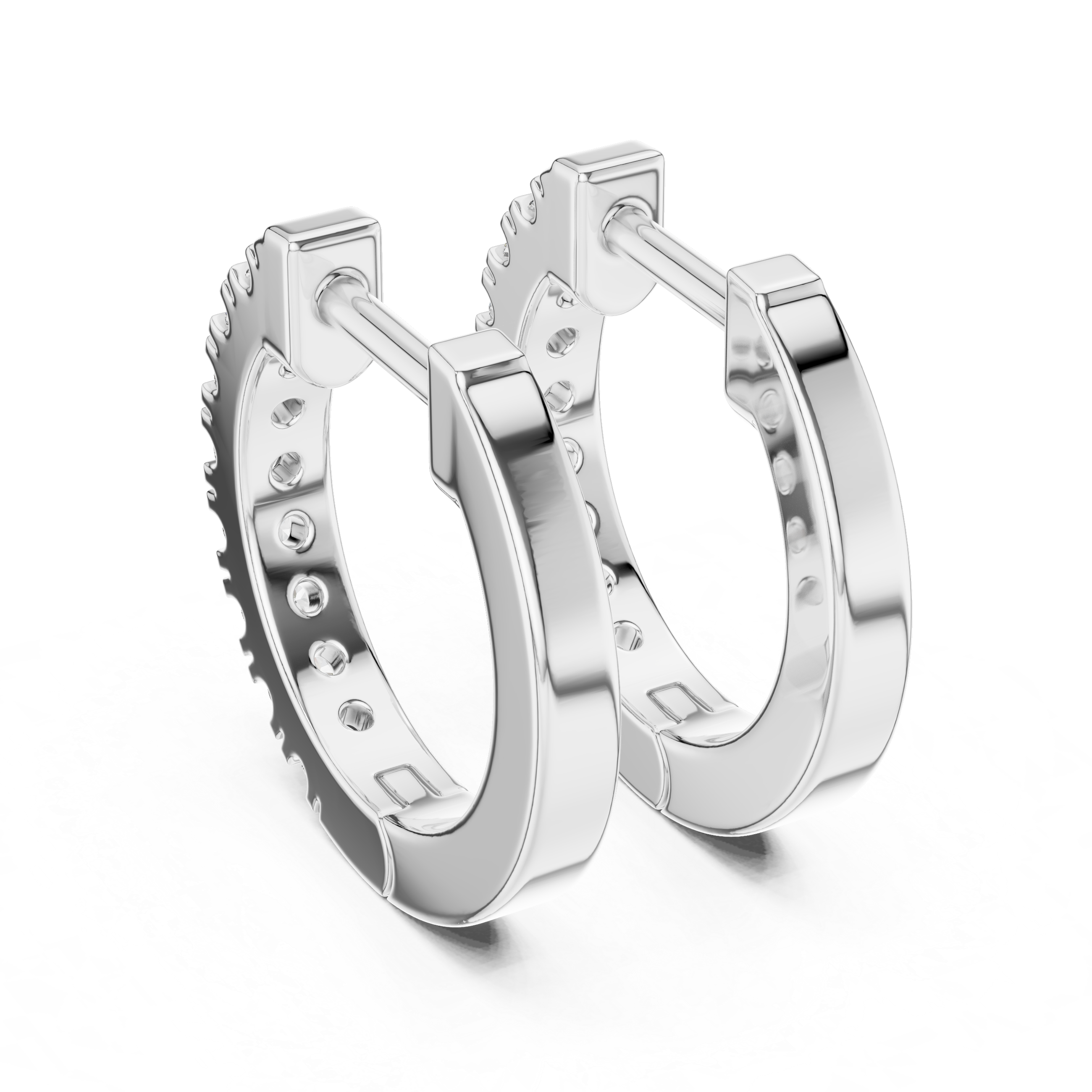 Silver hoop earrings with small stones on a white background