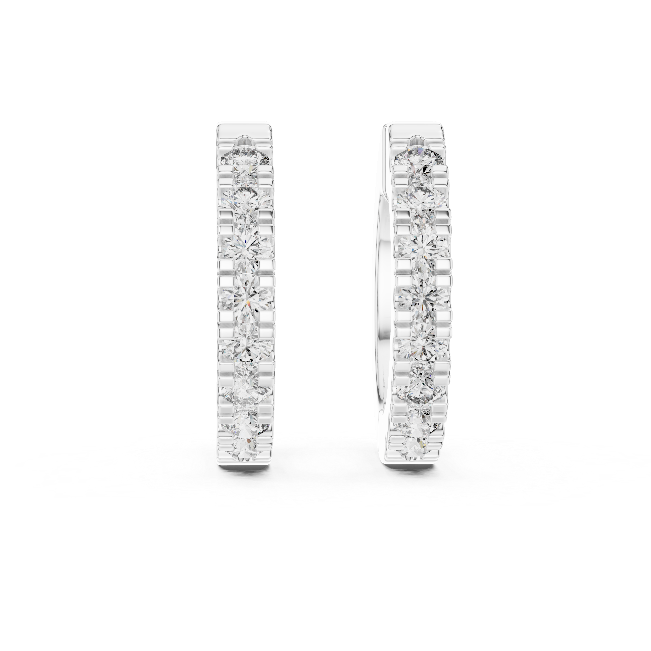 Pair of diamond hoop earrings on a white background