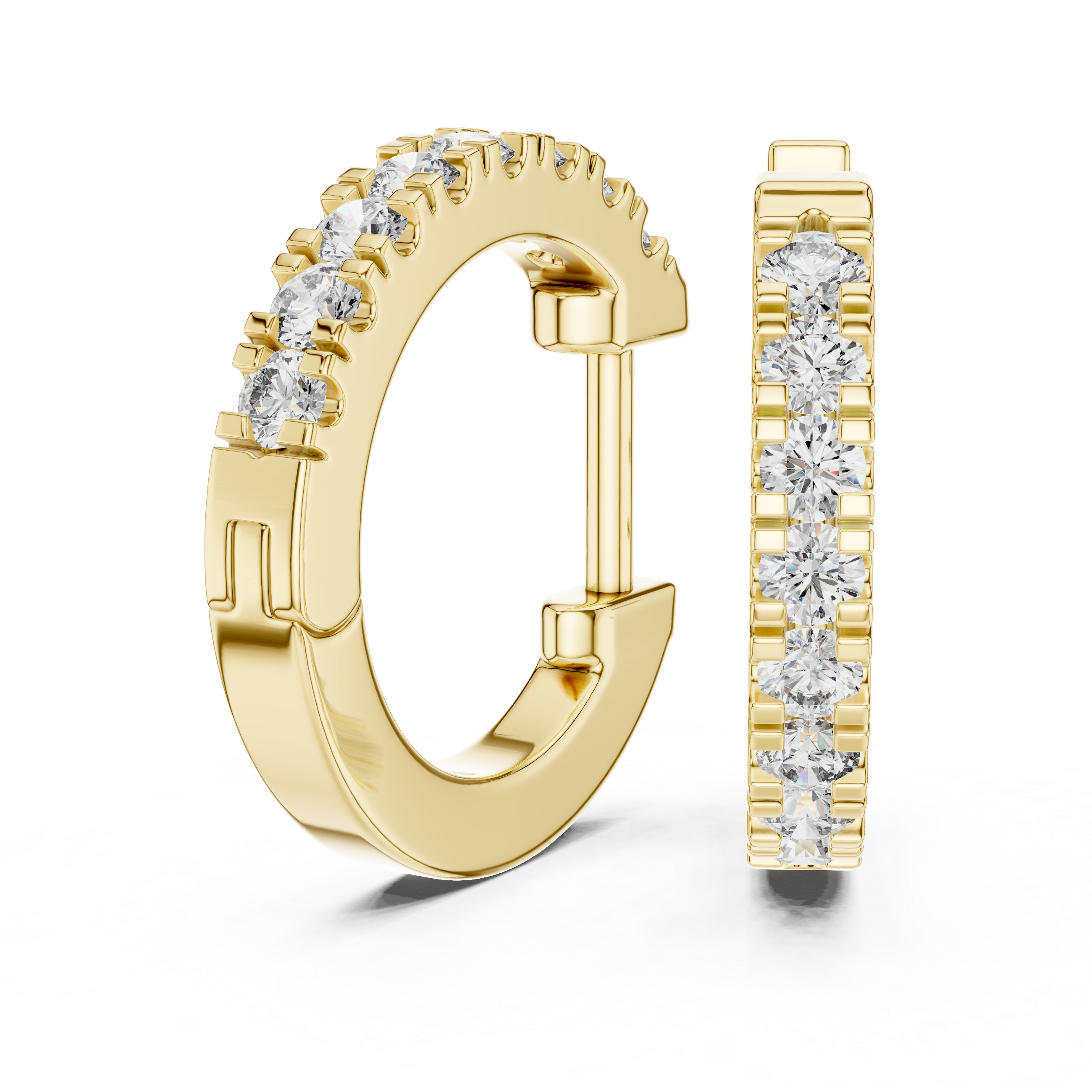 Gold hoop earrings with diamond accents on a white background