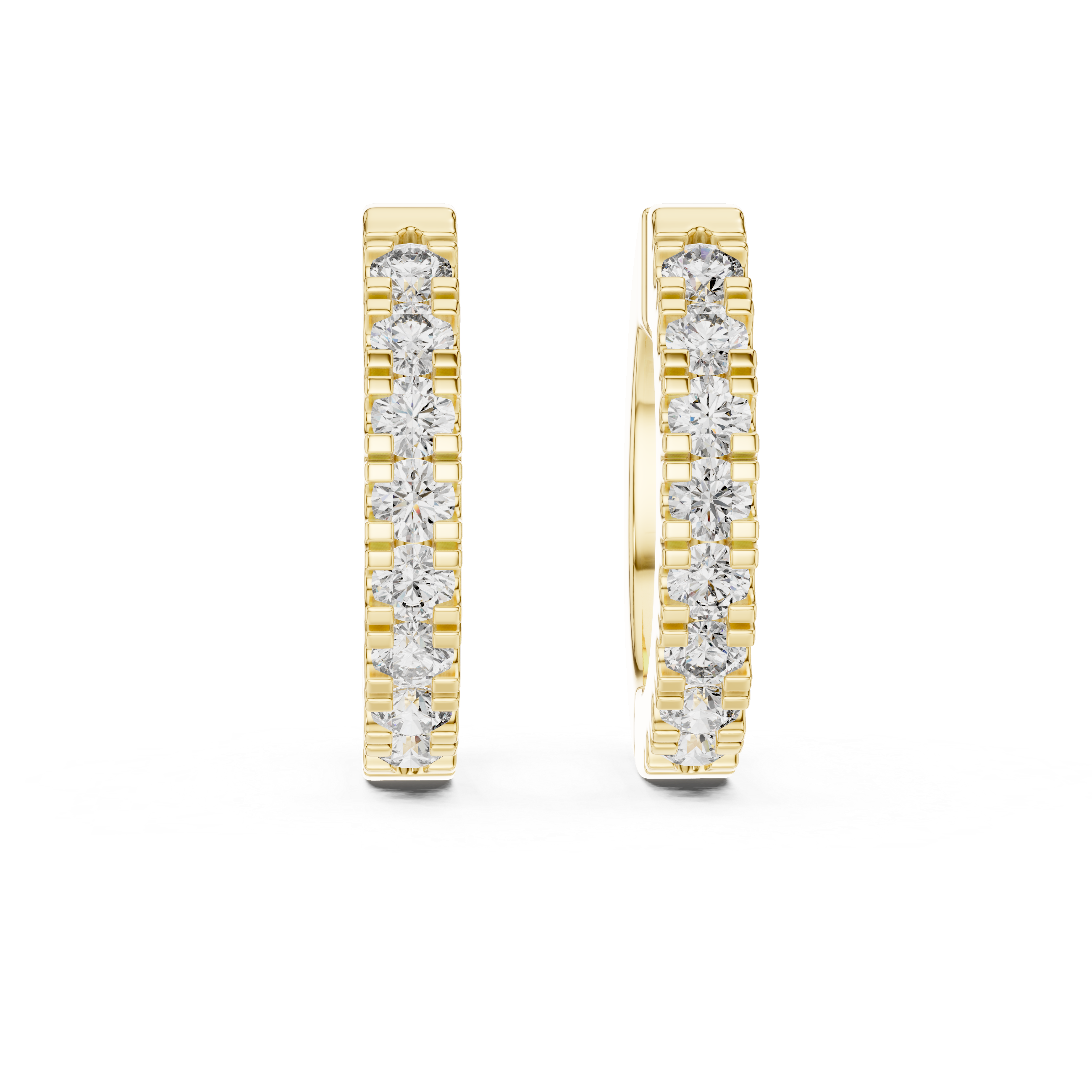 Gold hoop earrings with diamond accents on a white background