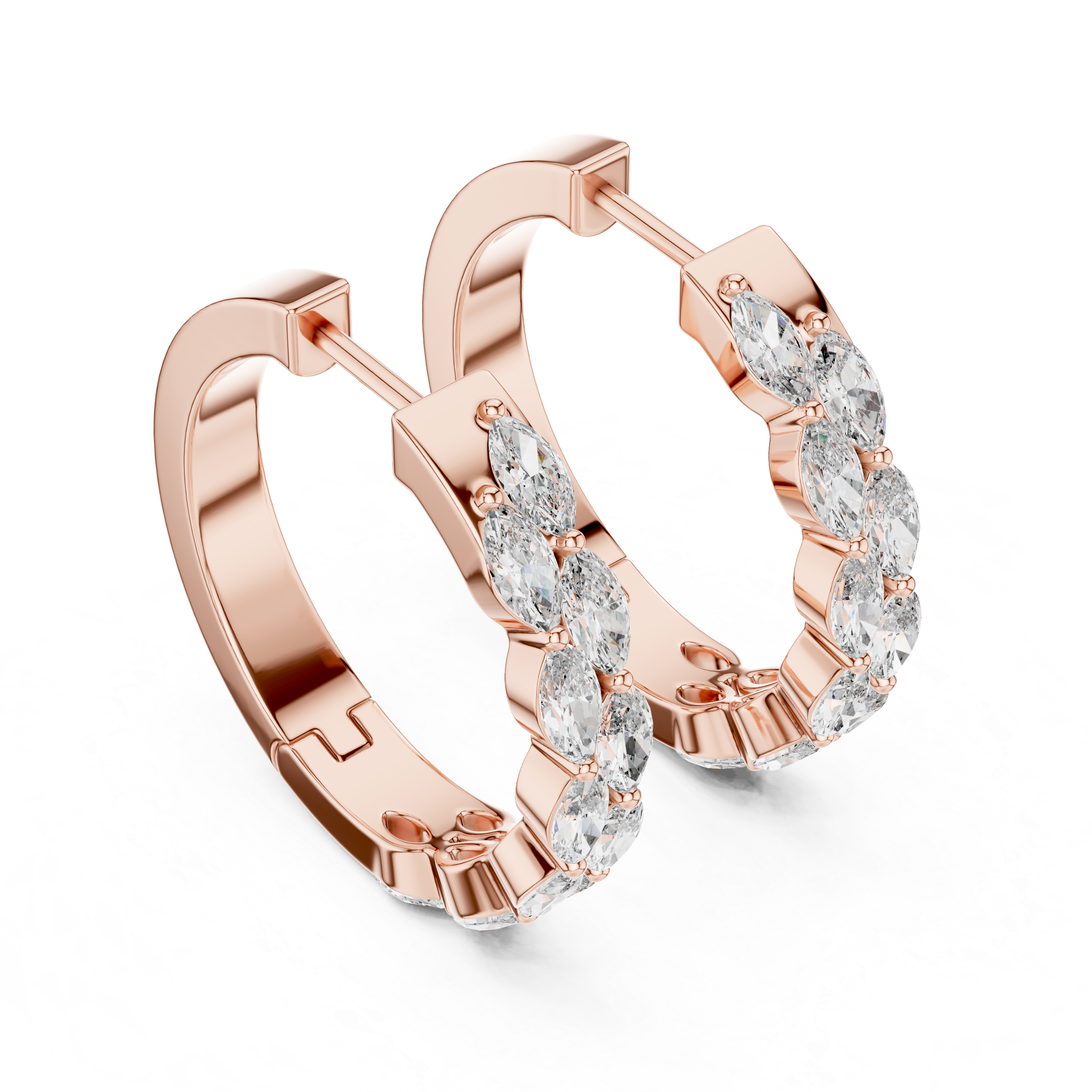 Rose gold hoop earrings with clear gemstones on a white background