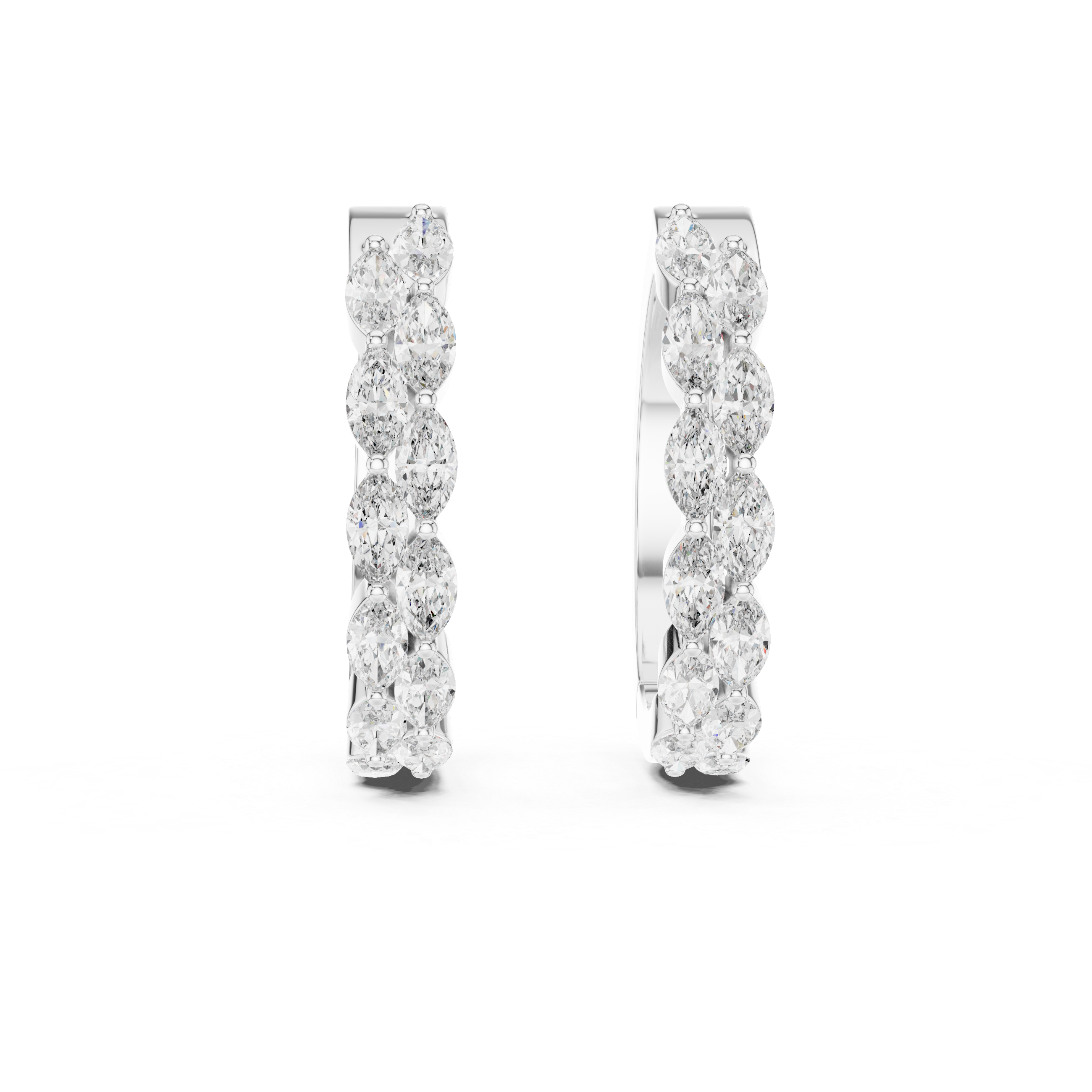 Pair of diamond hoop earrings on a white background