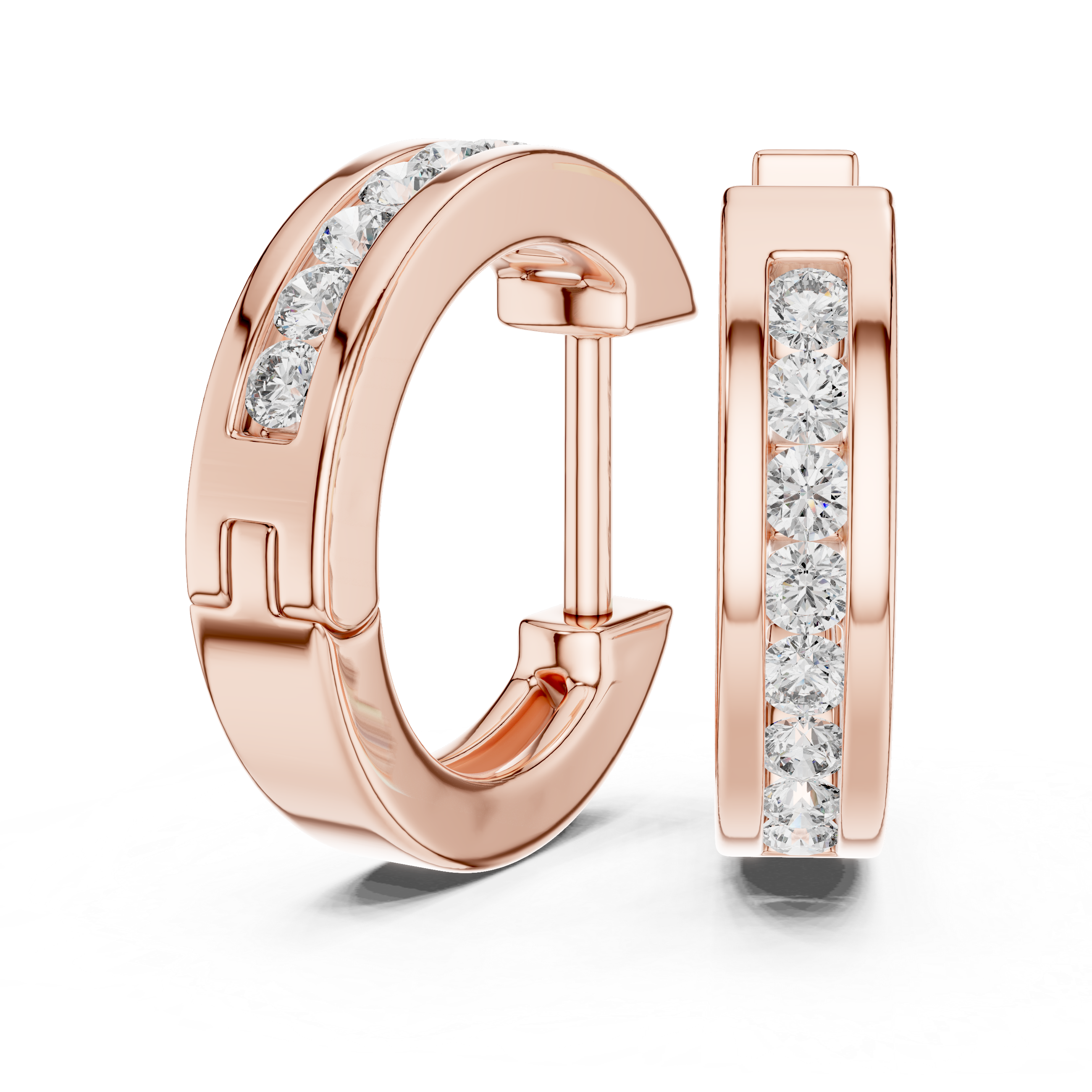 Rose gold hoop earrings with diamond accents on a white background