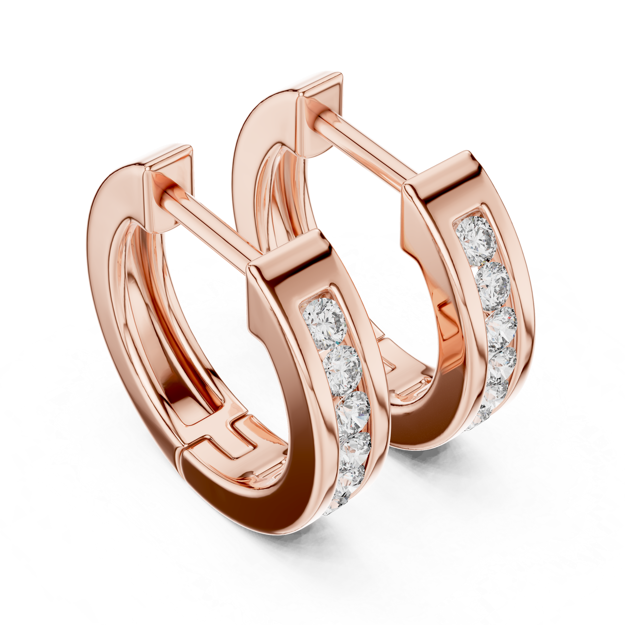 Rose gold hoop earrings with embedded diamonds on a white background