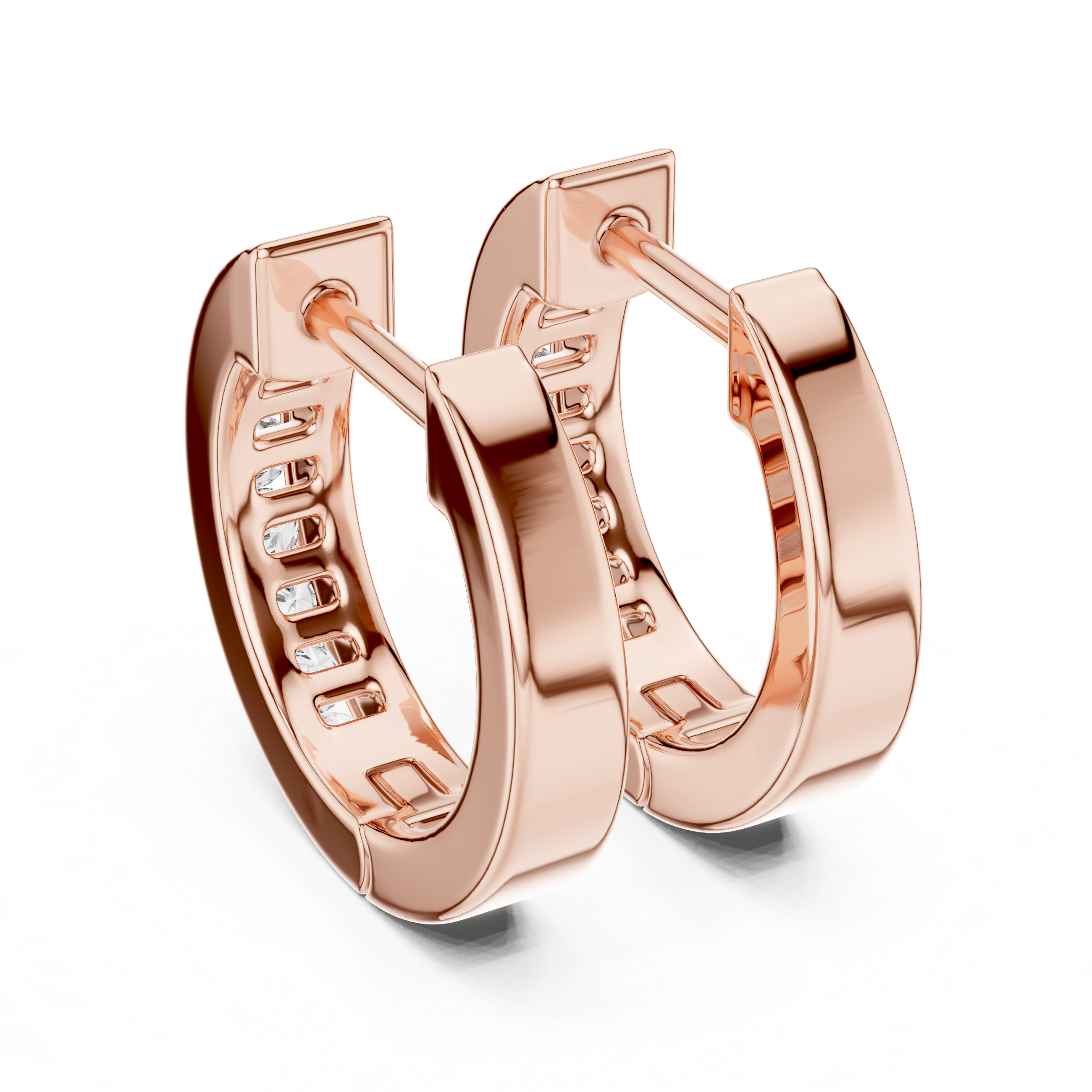 Rose gold hoop earrings on a white background