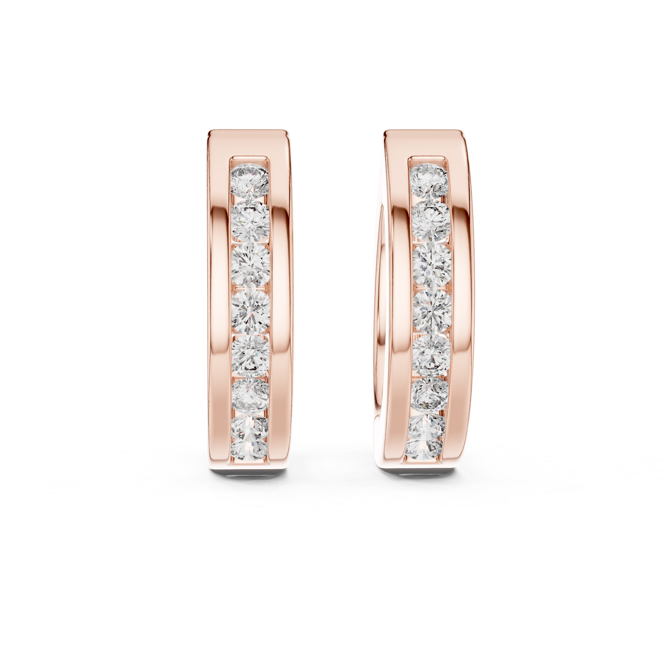 Rose gold hoop earrings with embedded diamonds on a white background