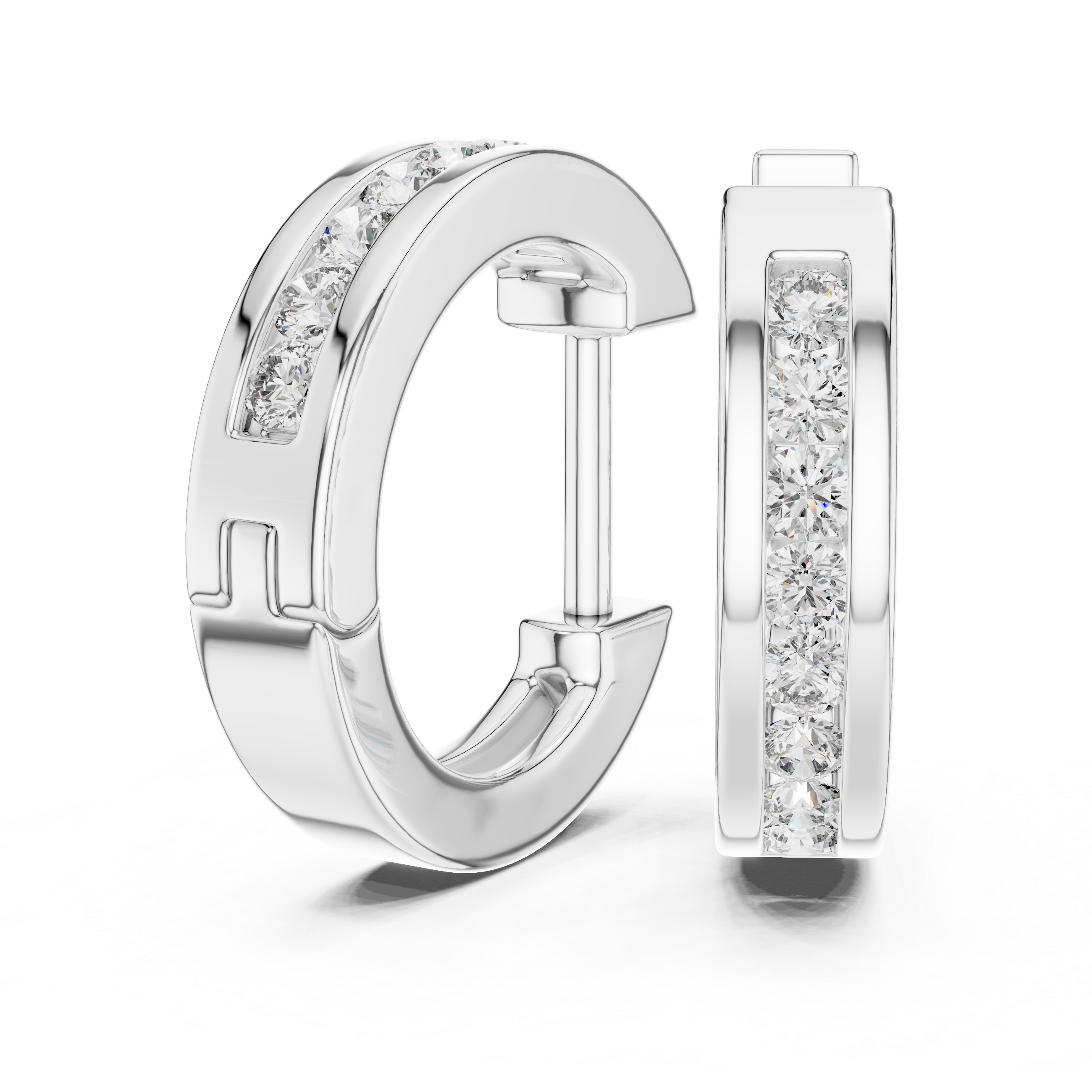 Silver hoop earrings with embedded diamonds on a white background