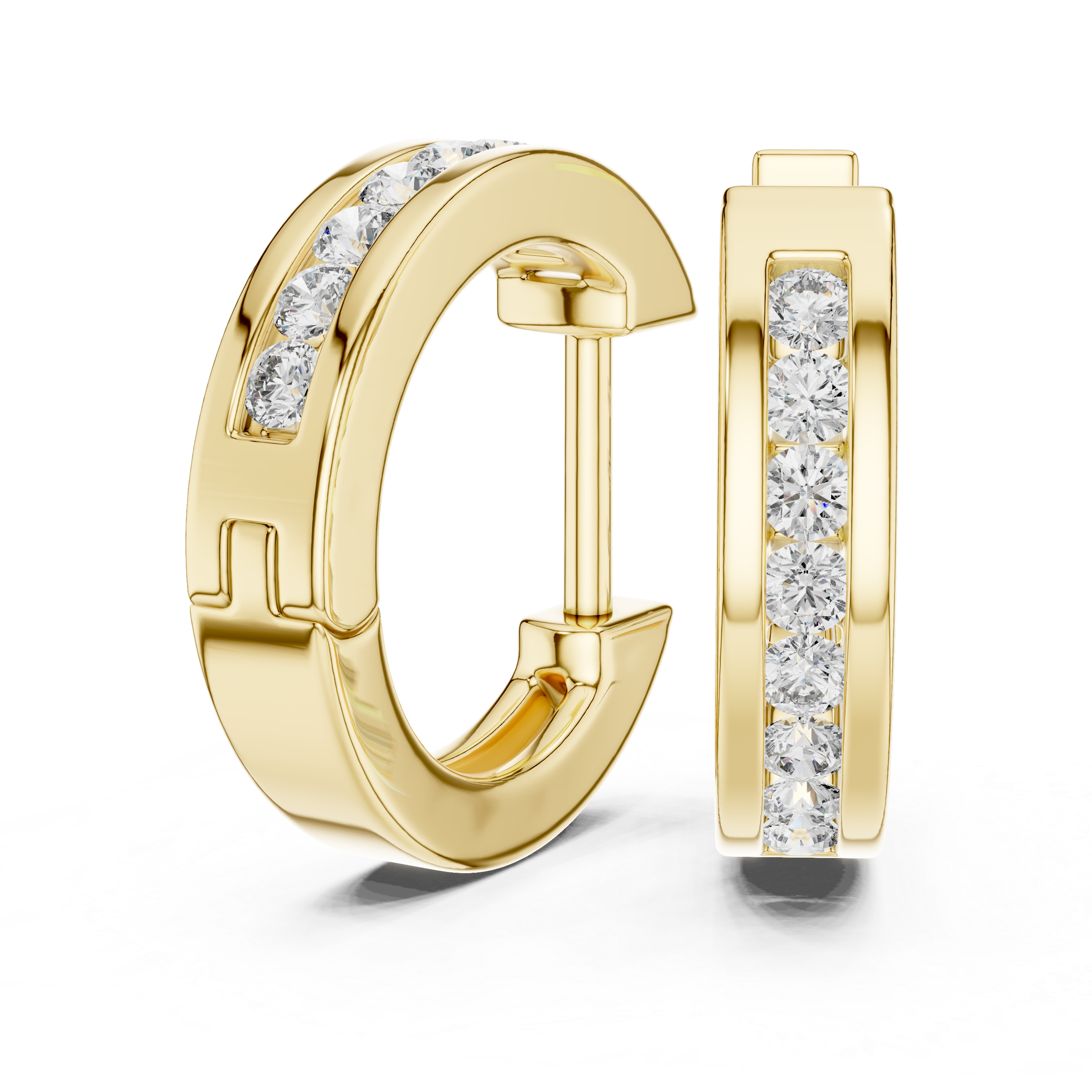 Gold hoop earrings with diamond accents on a white background