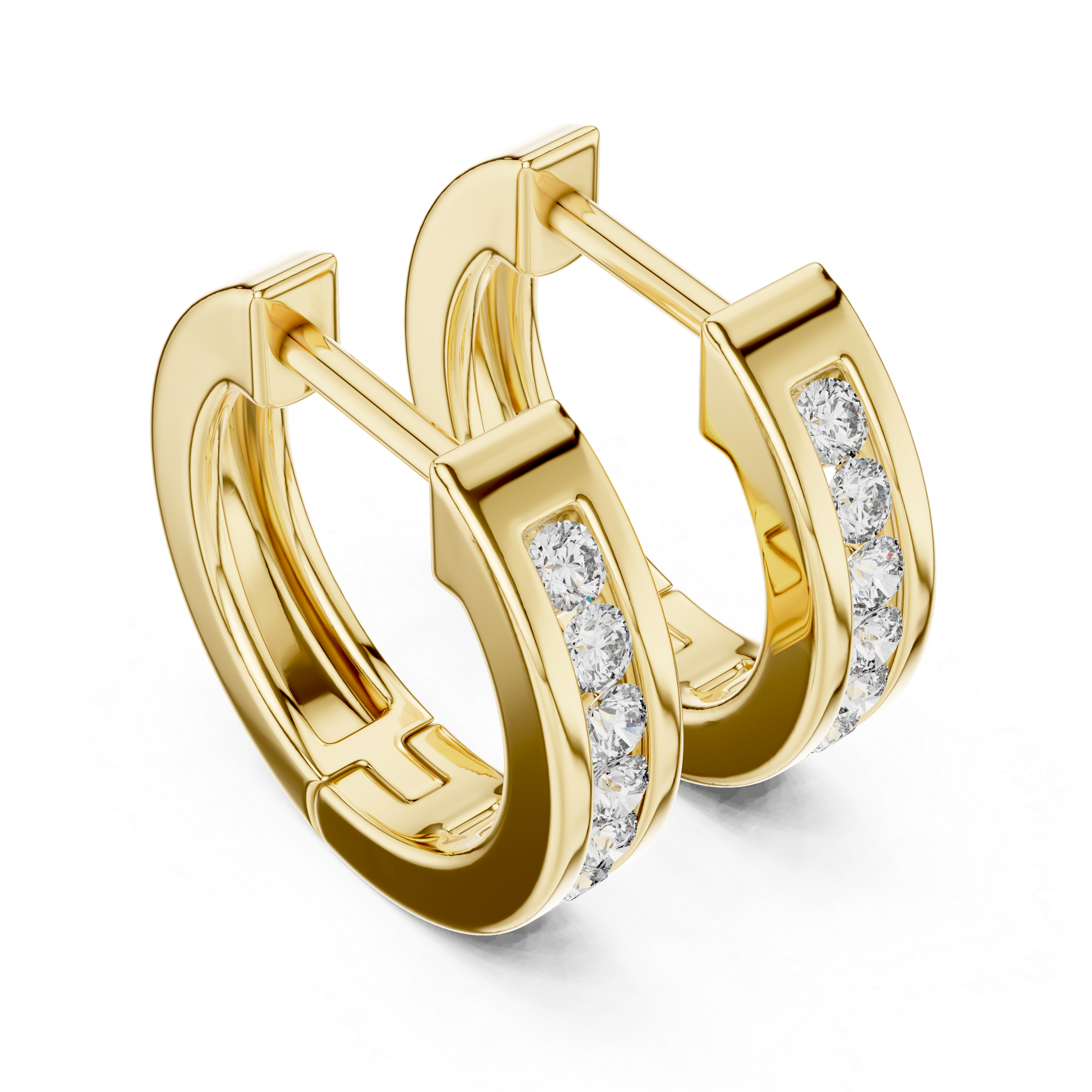 Gold hoop earrings with embedded diamonds on a white background