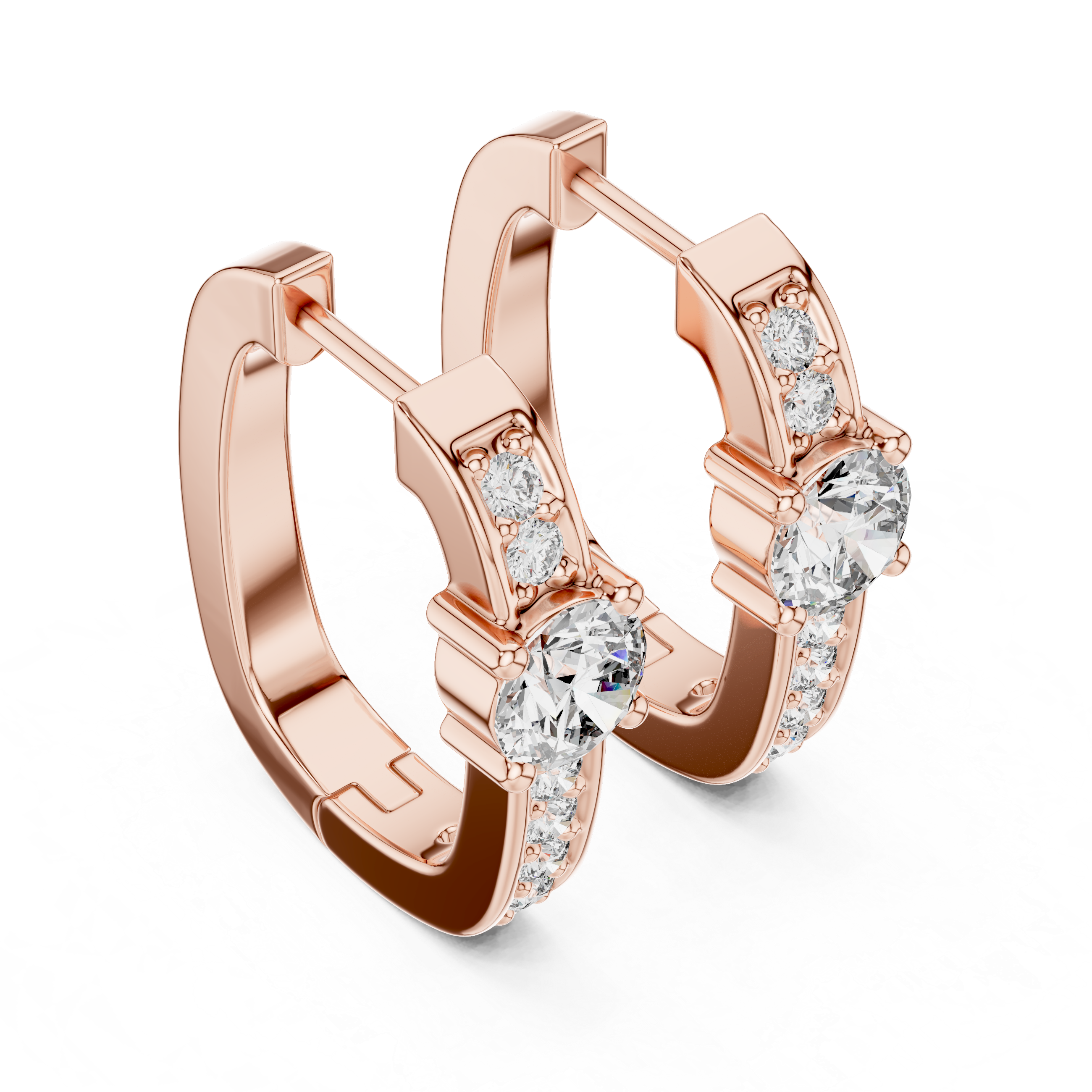 Rose gold hoop earrings with clear gemstones on a white background