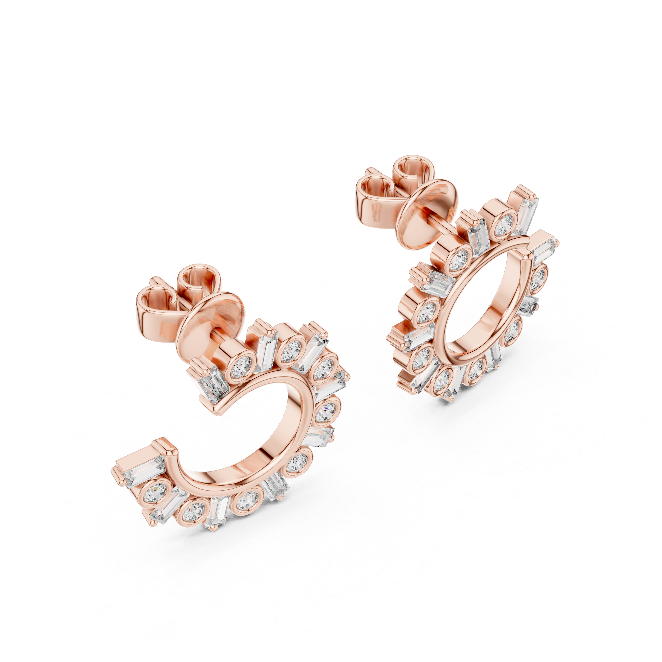 Rose gold hoop earrings with diamond accents on a white background