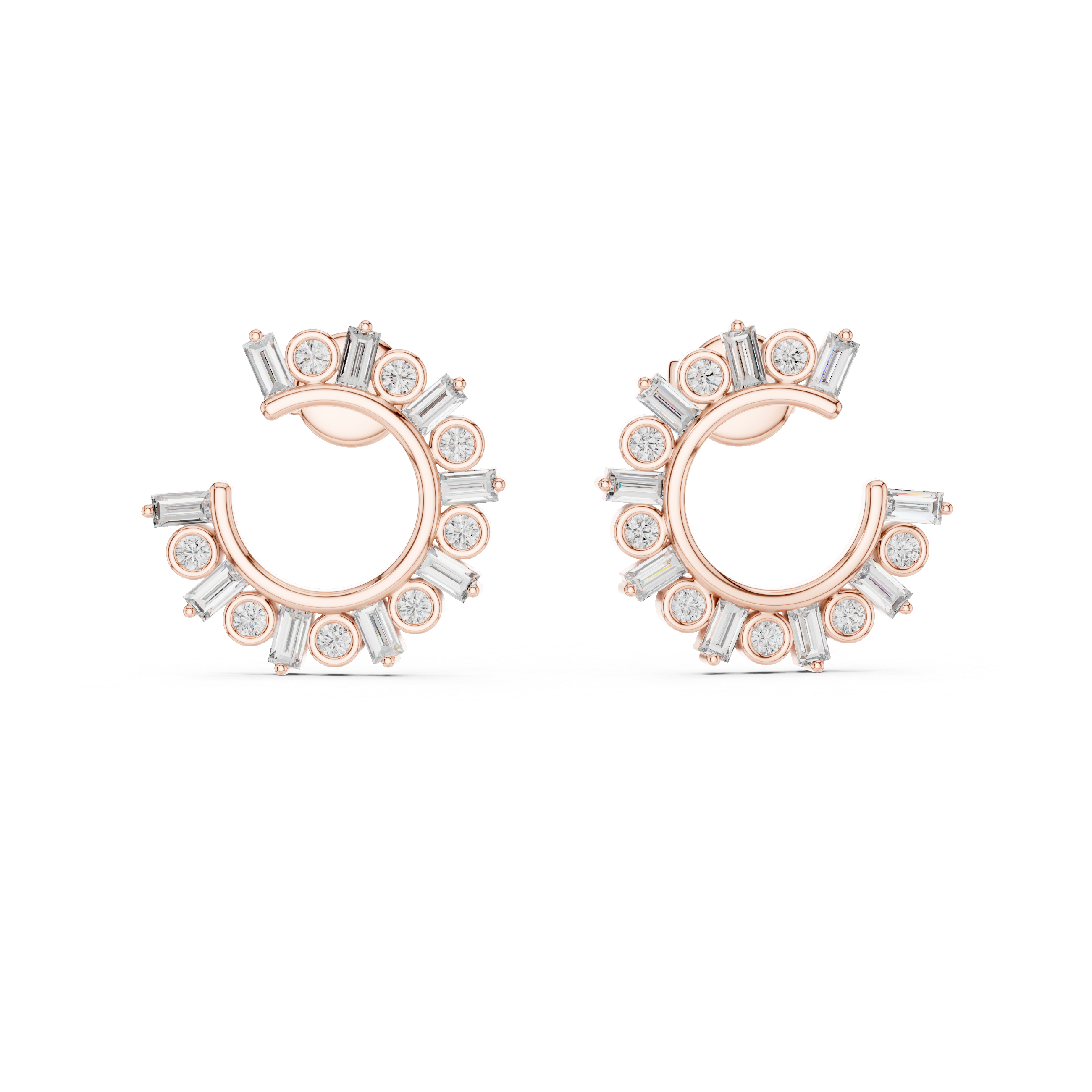 Rose gold hoop earrings with diamond accents on a white background