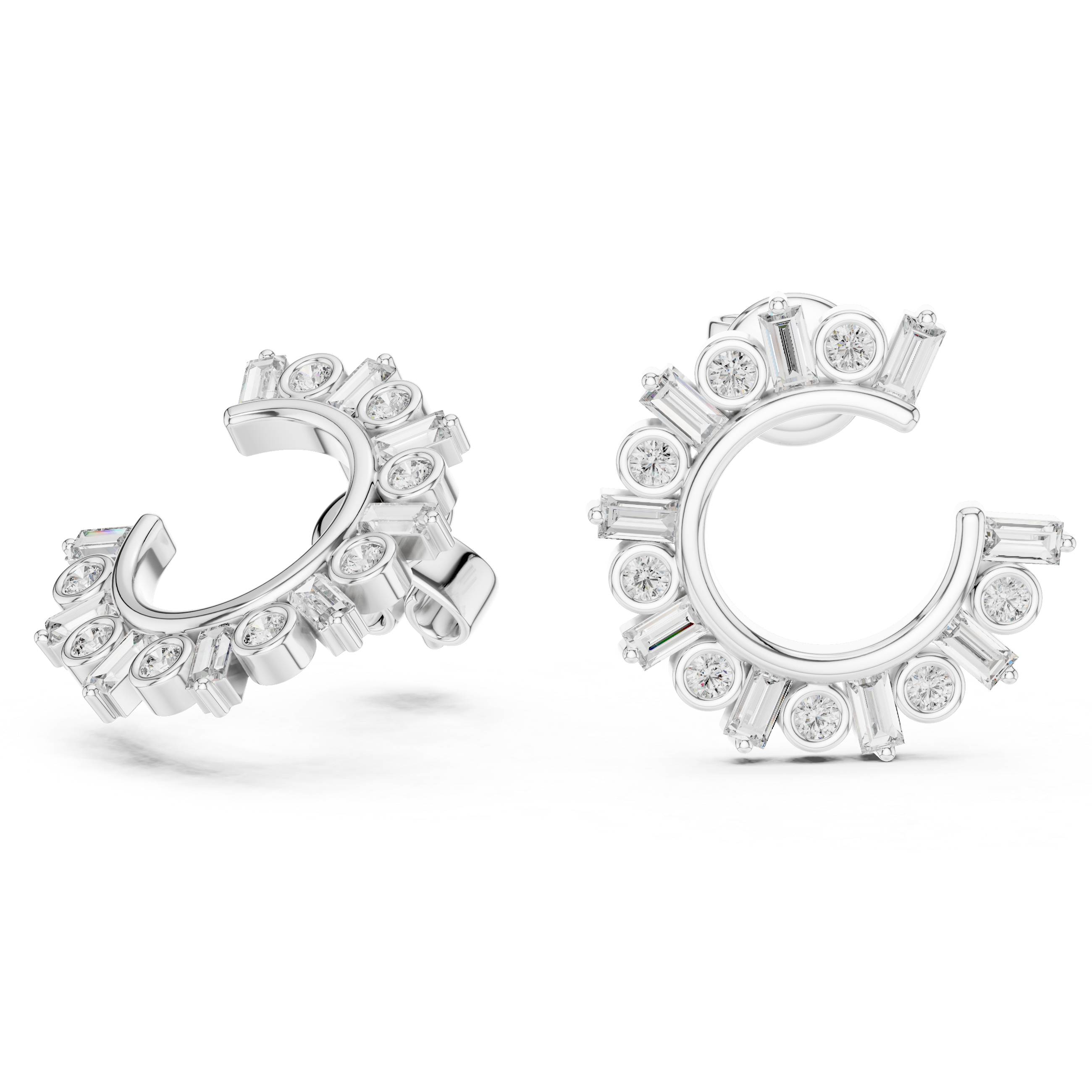 Pair of silver hoop earrings with clear gemstones on a white background