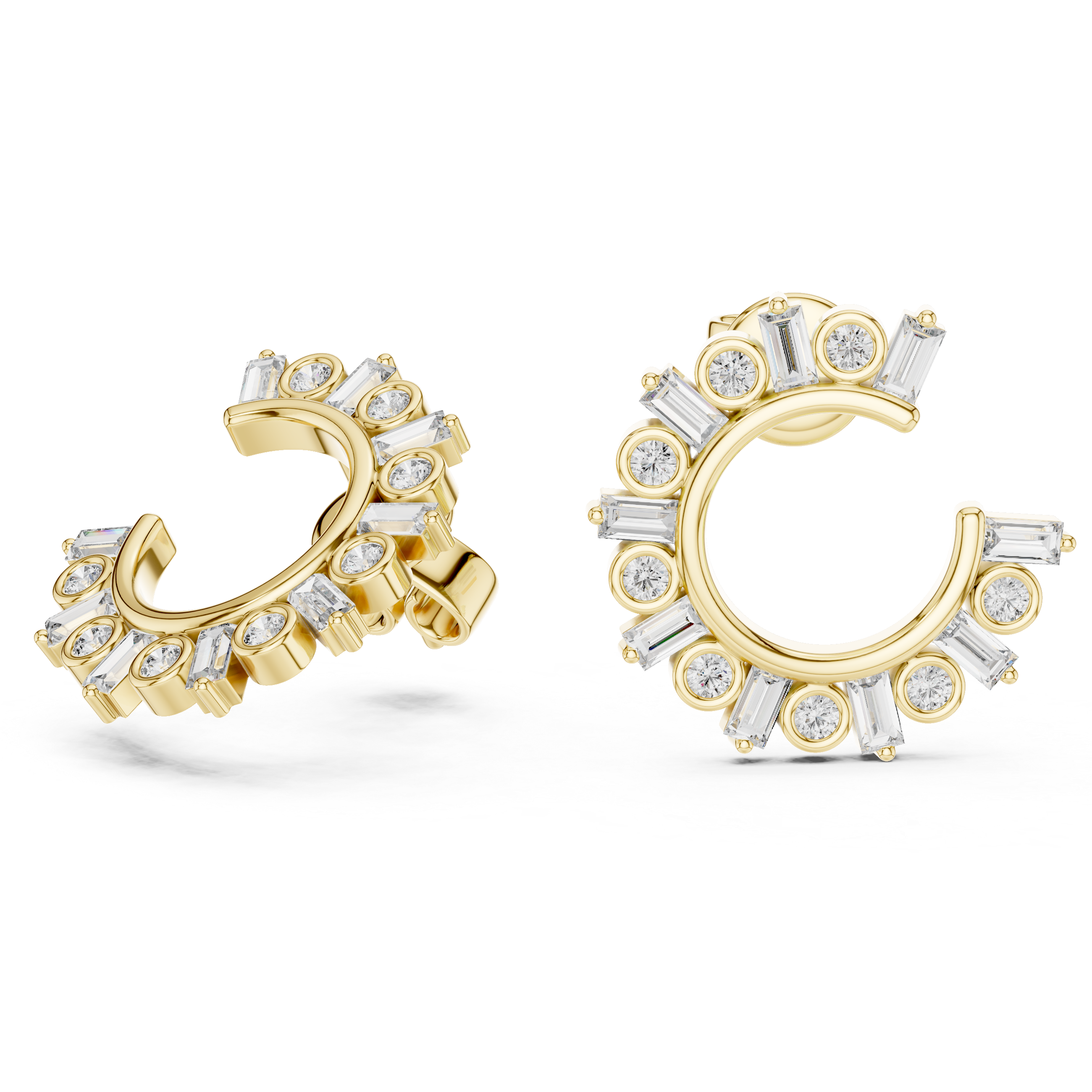 Gold hoop earrings with diamond accents on a white background