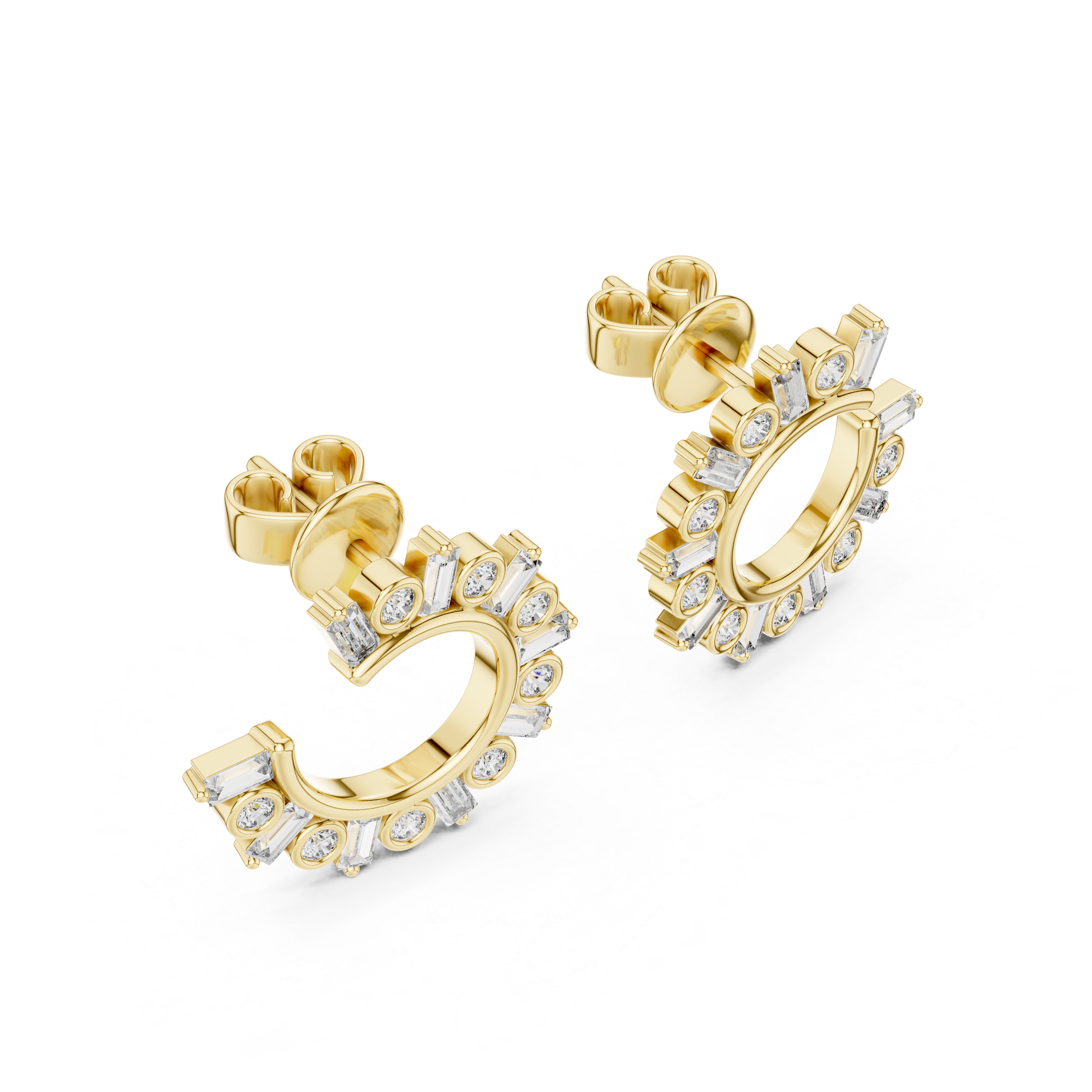 Gold hoop earrings with diamond accents on a white background