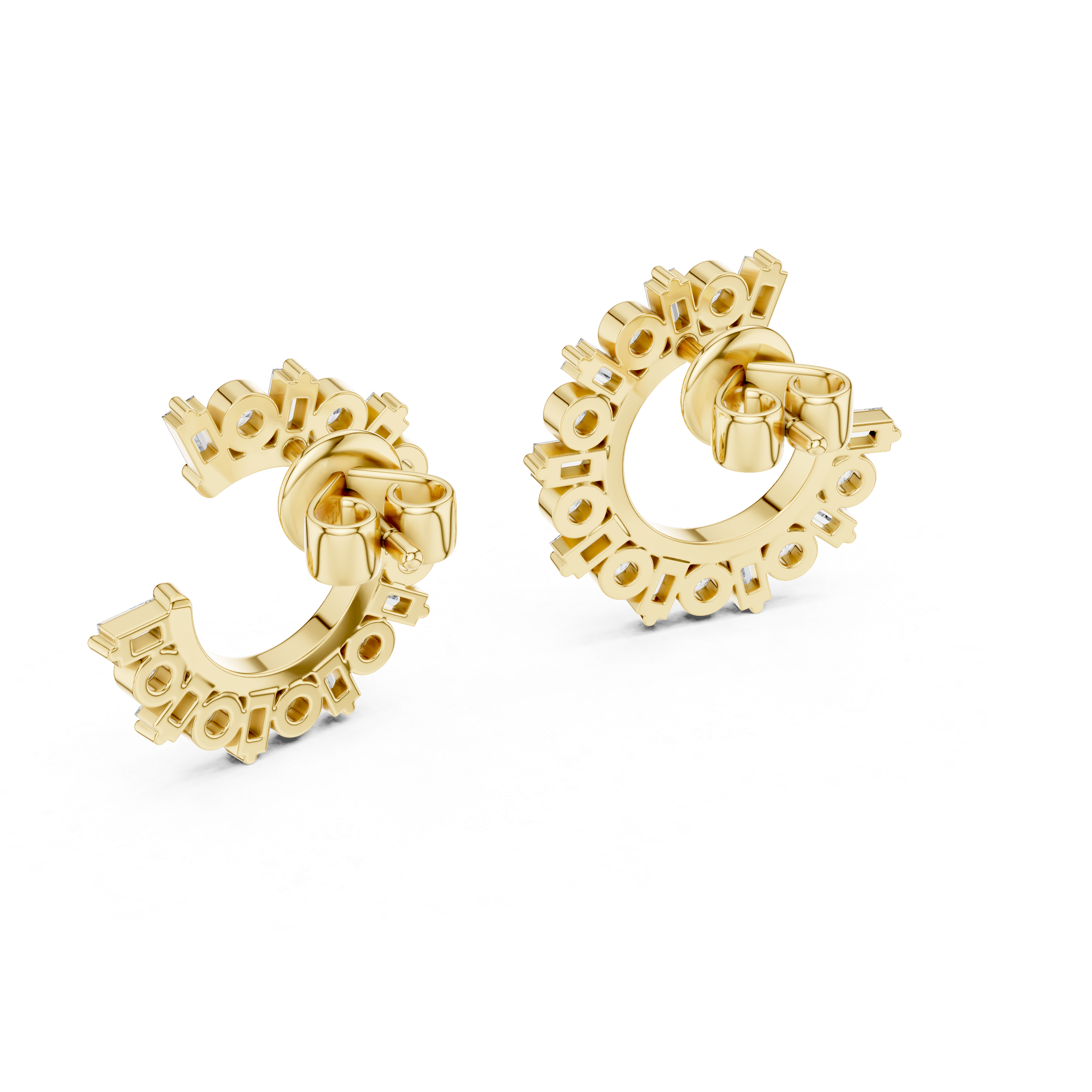 Gold hoop earrings with intricate designs on a white background