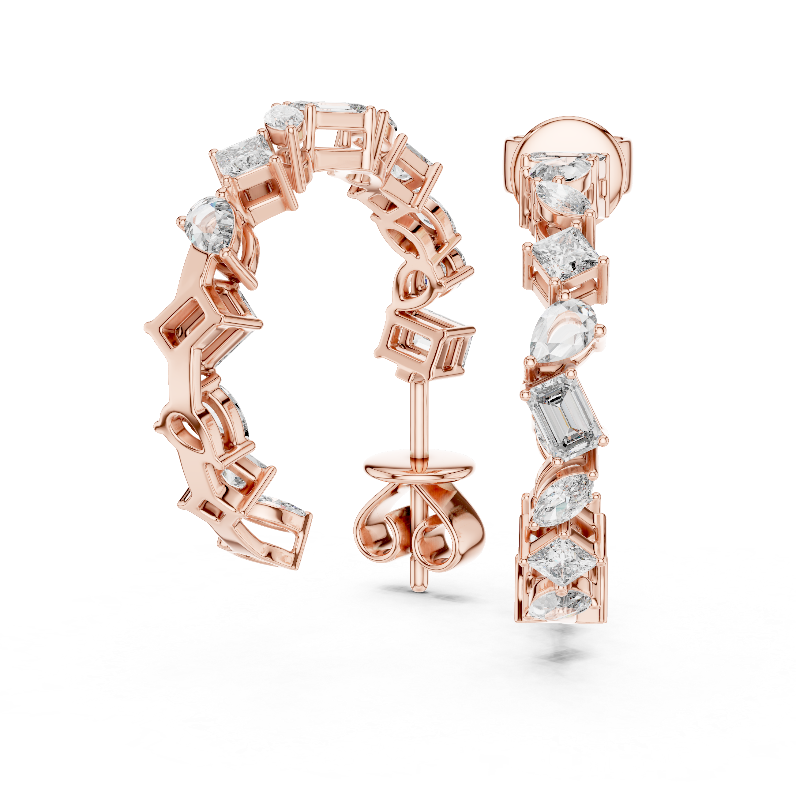 Rose gold hoop earrings with diamond accents on a white background