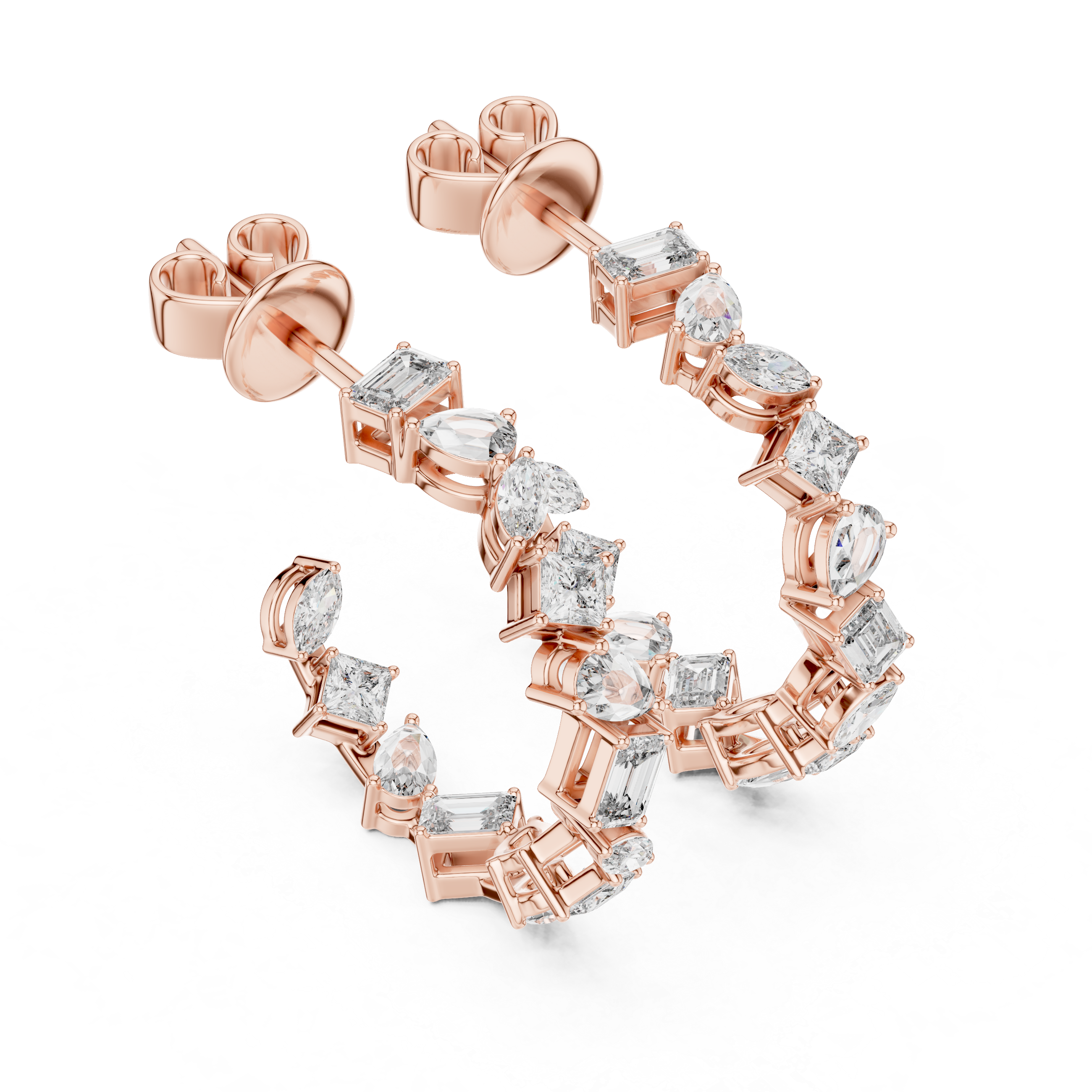 Rose gold hoop earrings with diamond accents on a white background