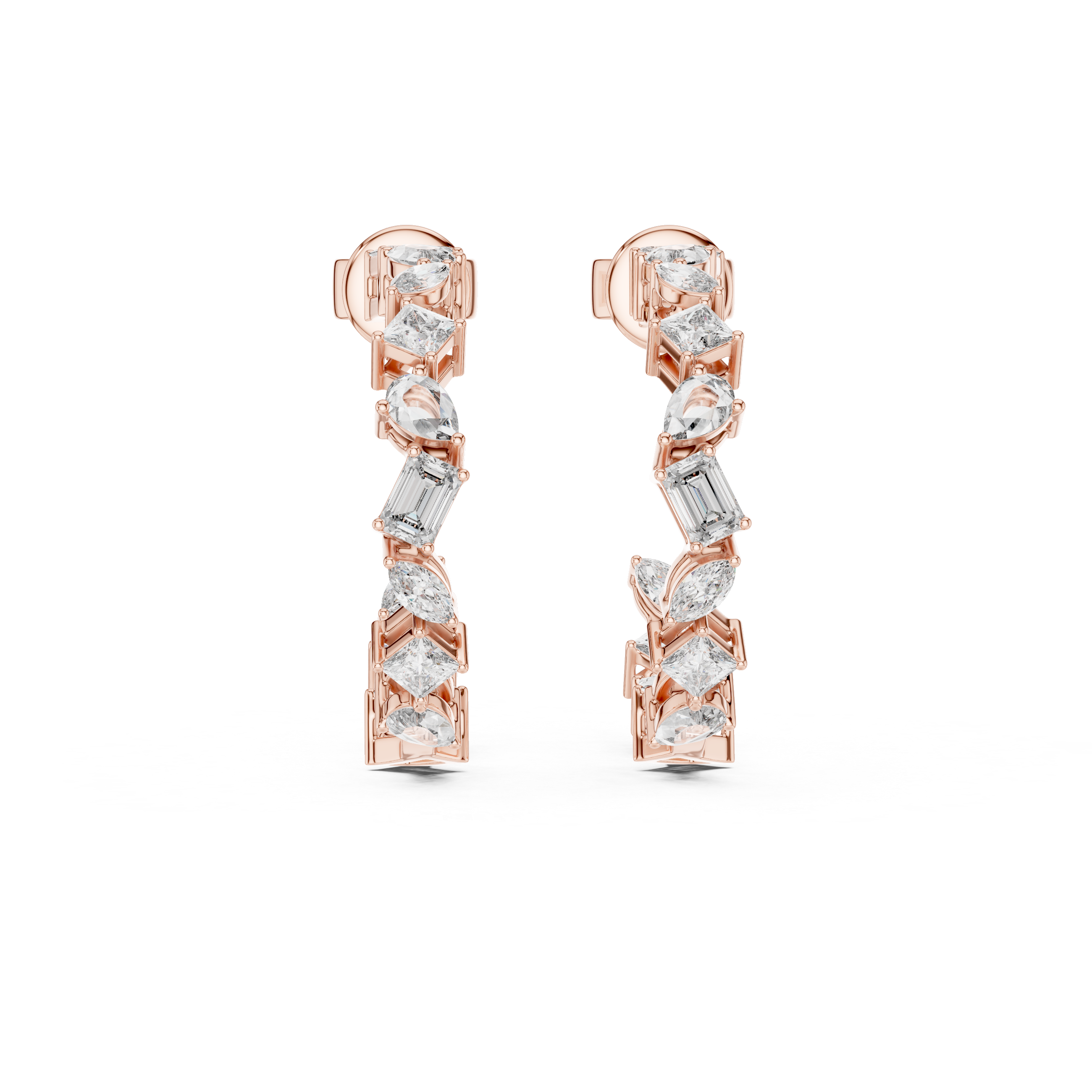 Rose gold earrings with clear gemstones on a white background