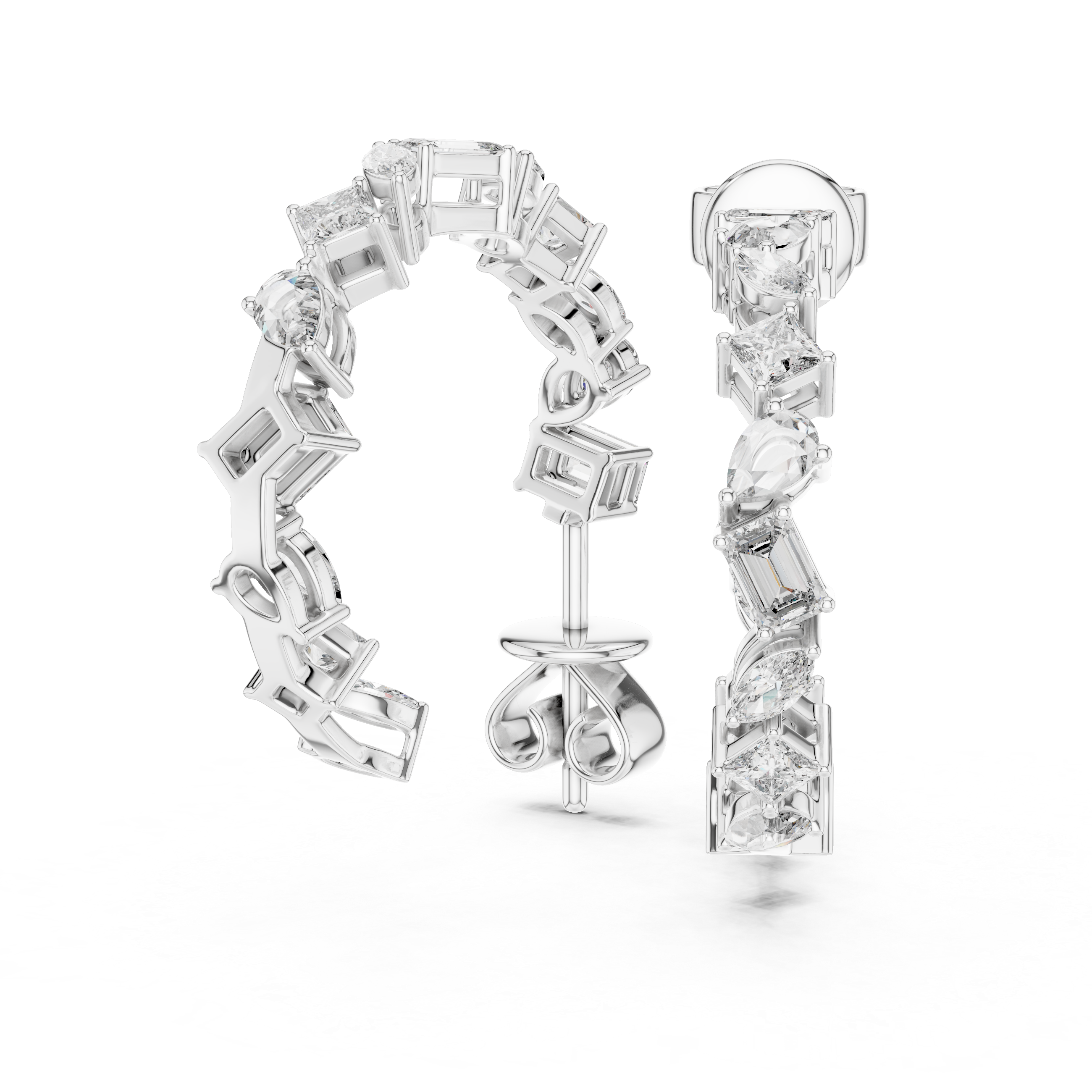 Diamond earrings with baguette and princess cut stones on a white background