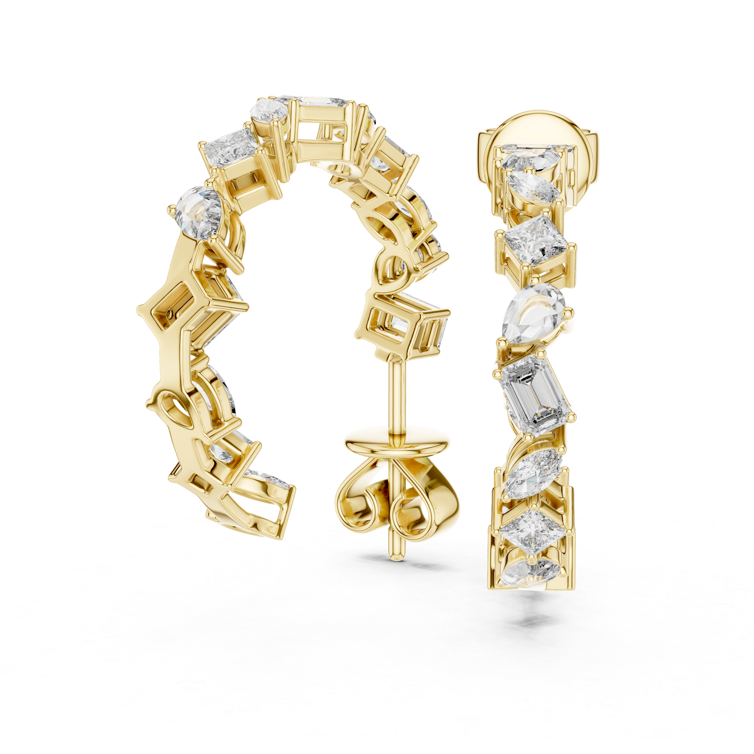 Gold hoop earrings with diamond-like stones on a white background