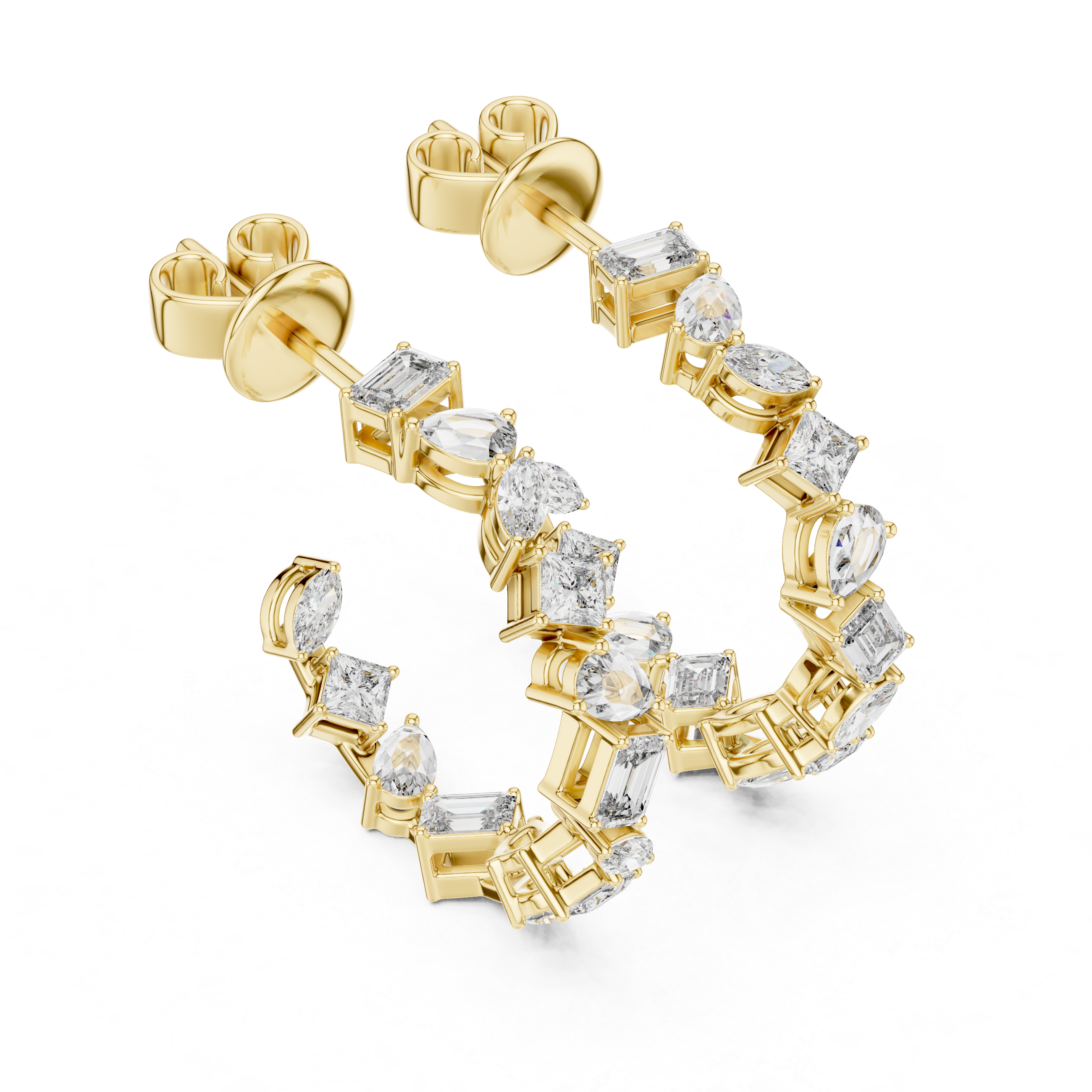 Gold hoop earrings with clear gemstones on a white background