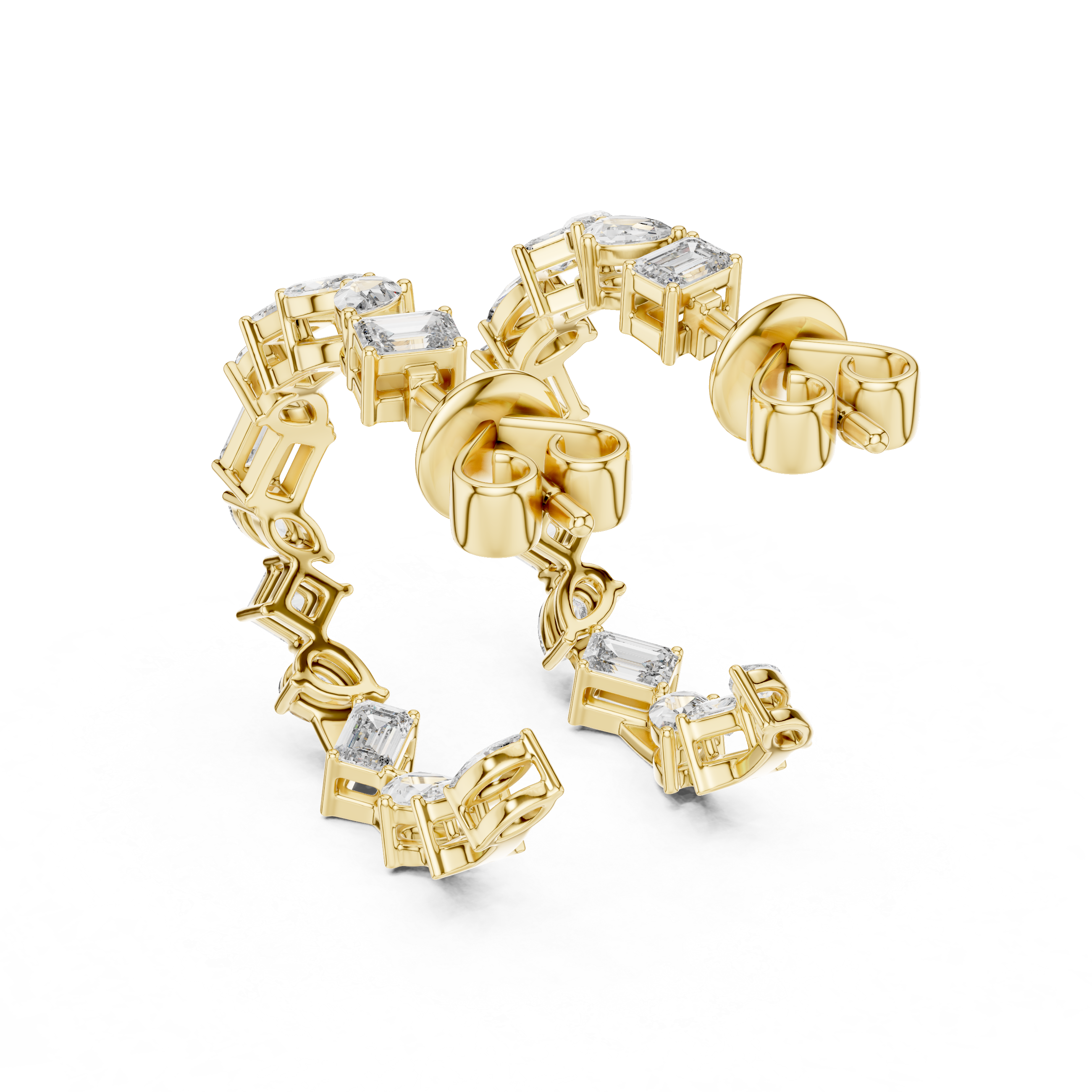 Gold earrings with diamond accents on a white background