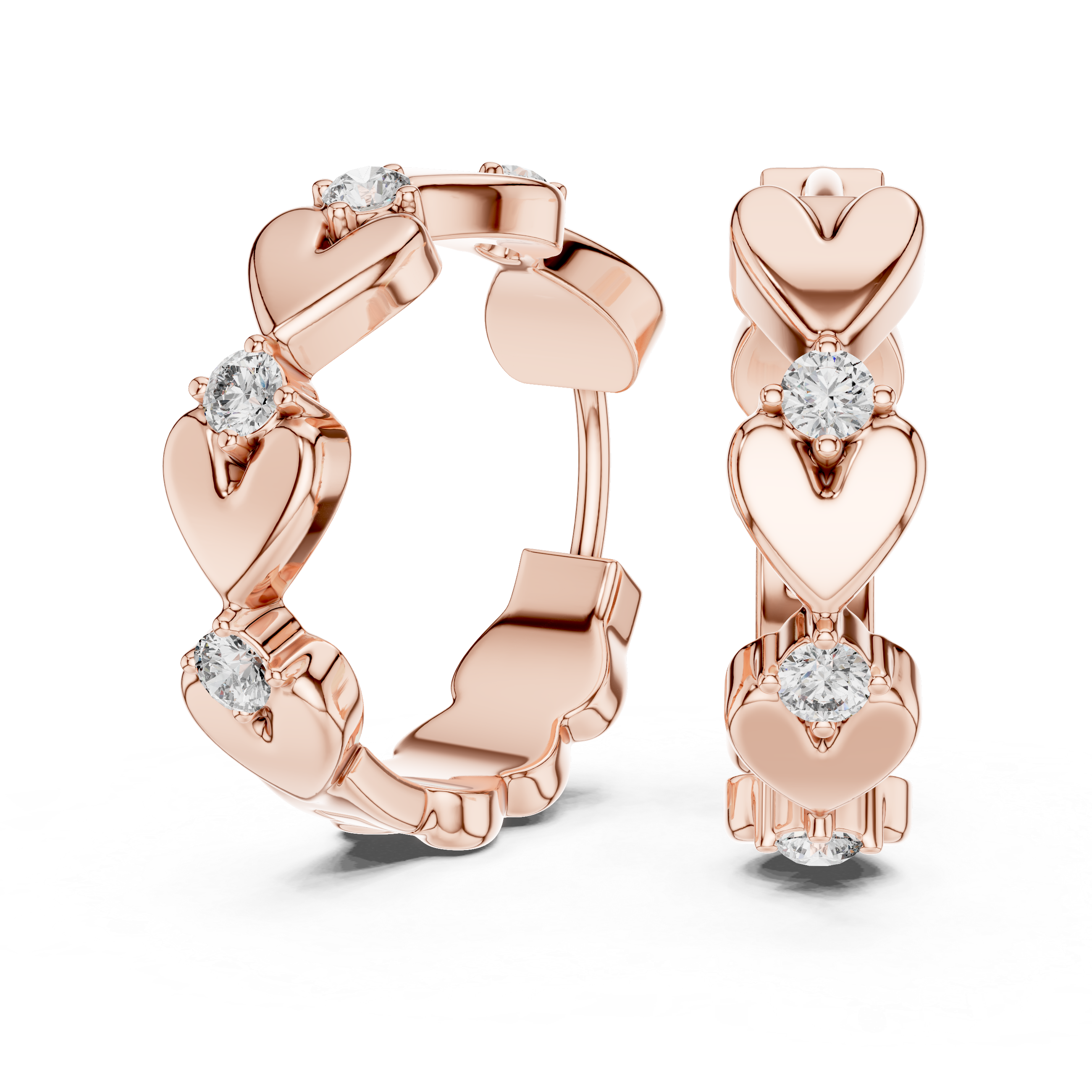 Rose gold hoop earrings with heart designs and clear gemstones on a white background