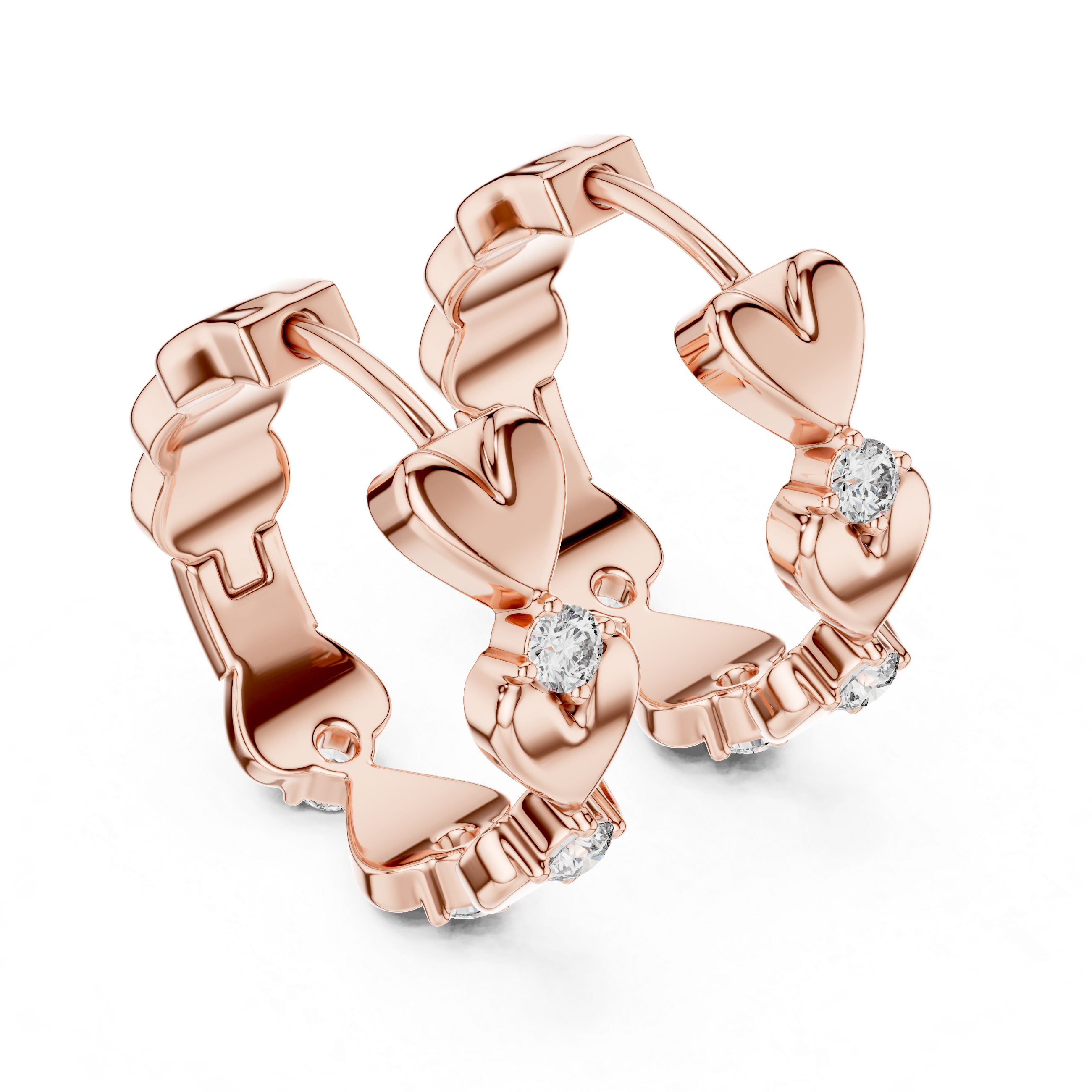 Rose gold hoop earrings with diamond accents on a white background