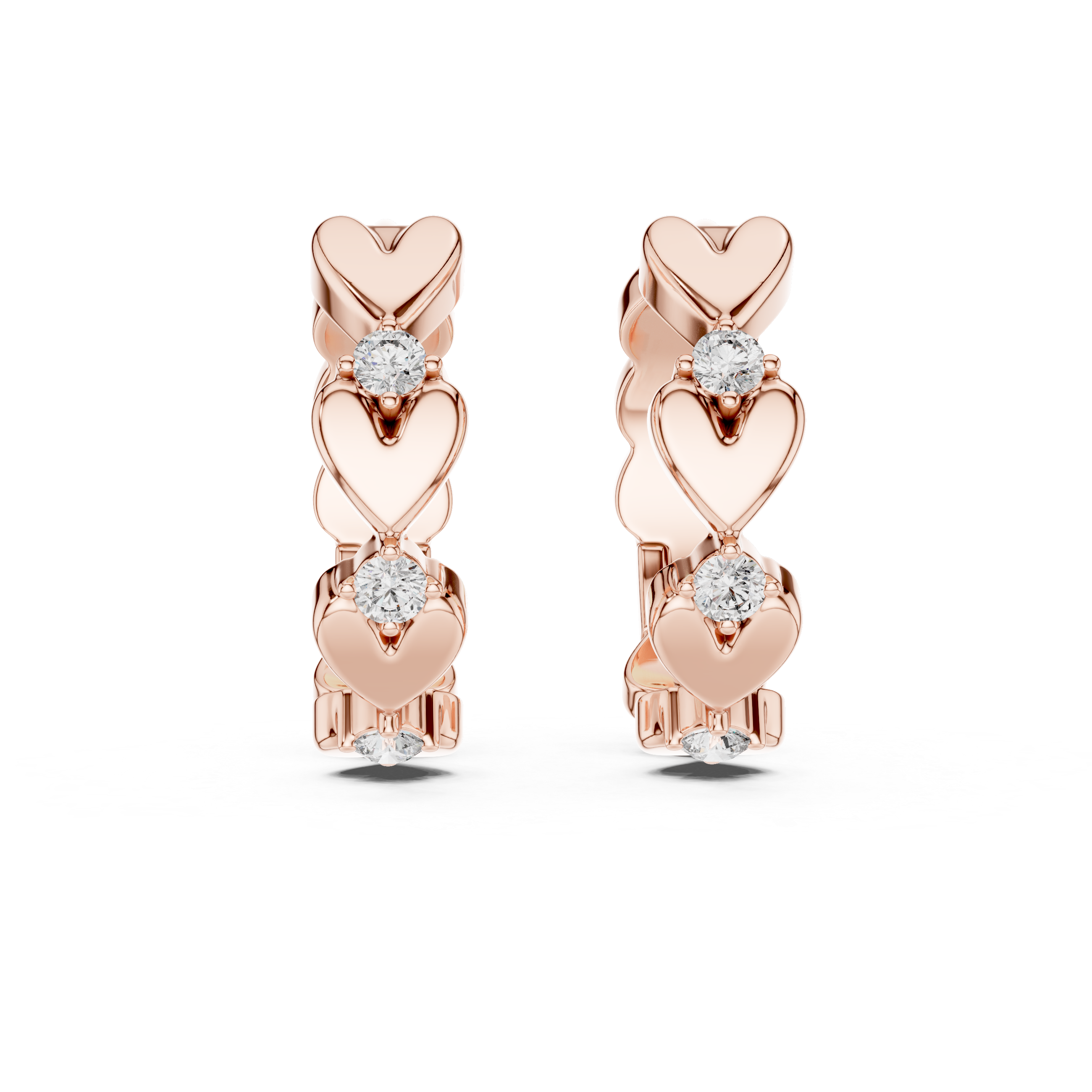 Rose gold heart-shaped earrings with clear gemstones on a white background