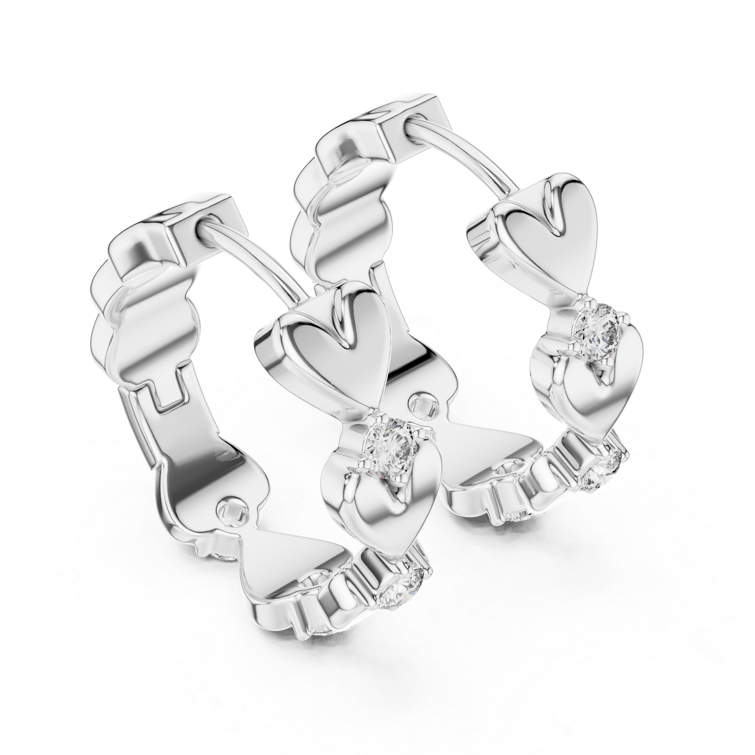 Silver hoop earrings with heart designs on a white background