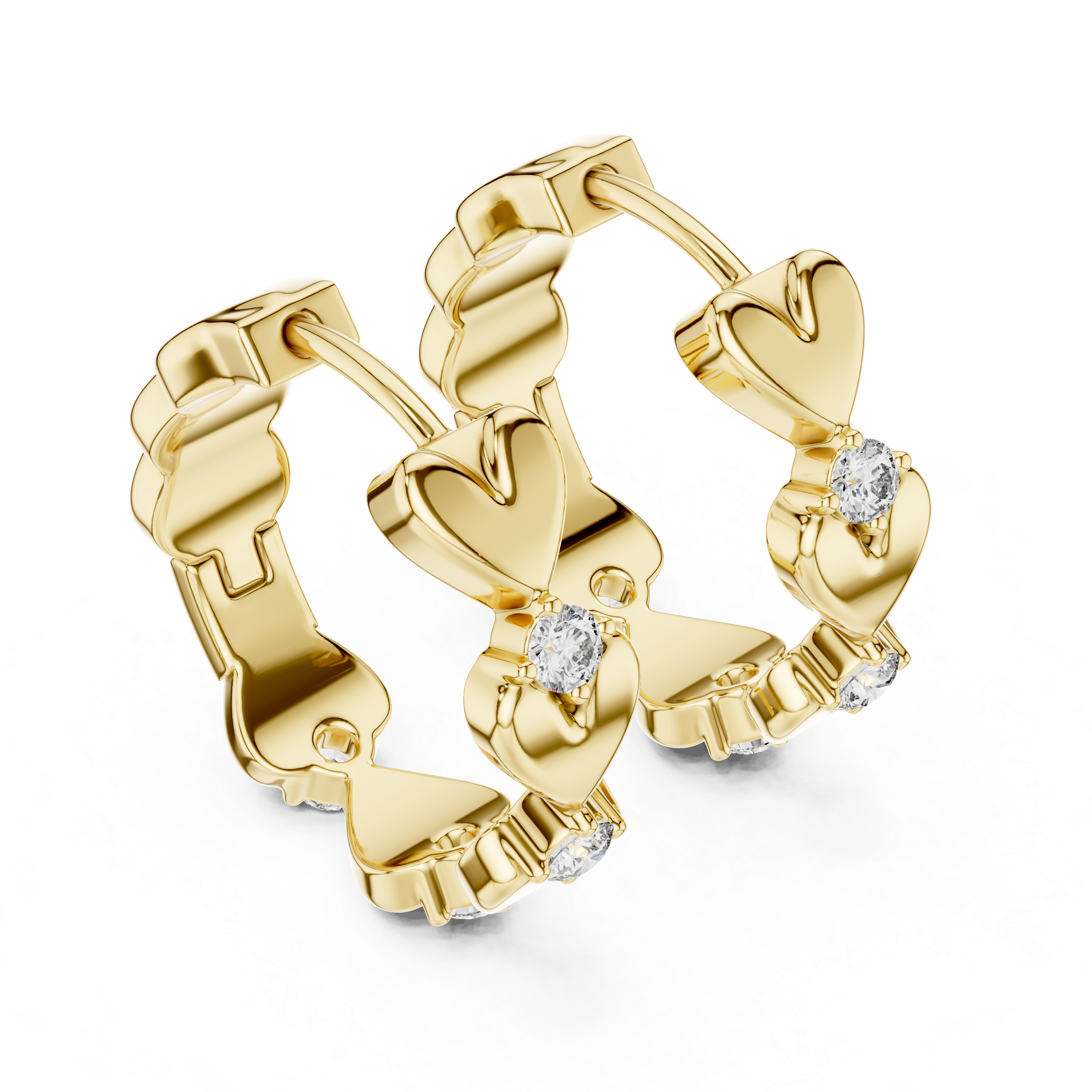 Gold hoop earrings with diamond accents on a white background