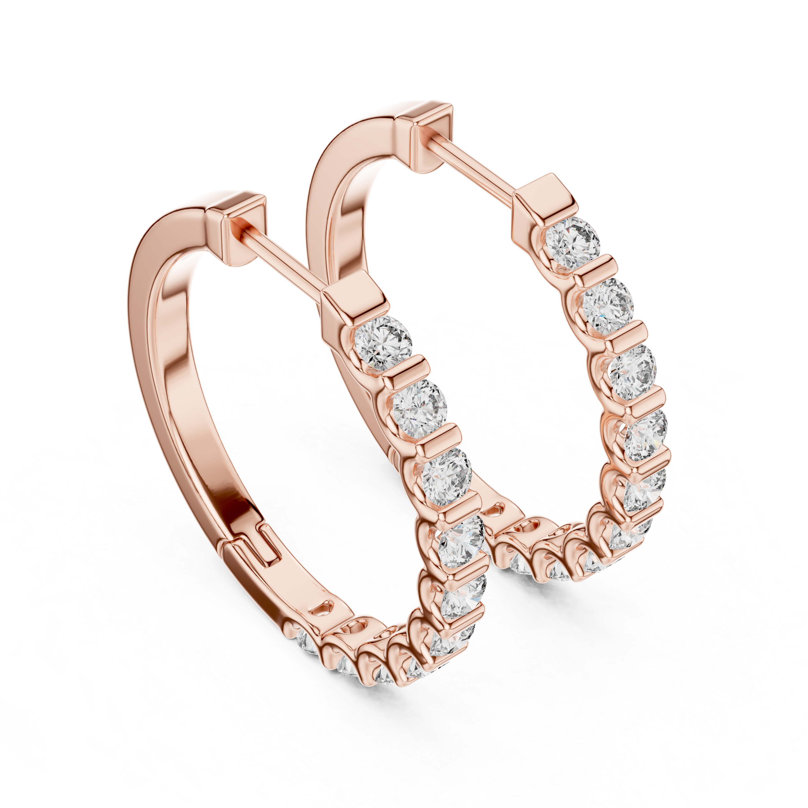 Rose gold hoop earrings with clear gemstones on a white background
