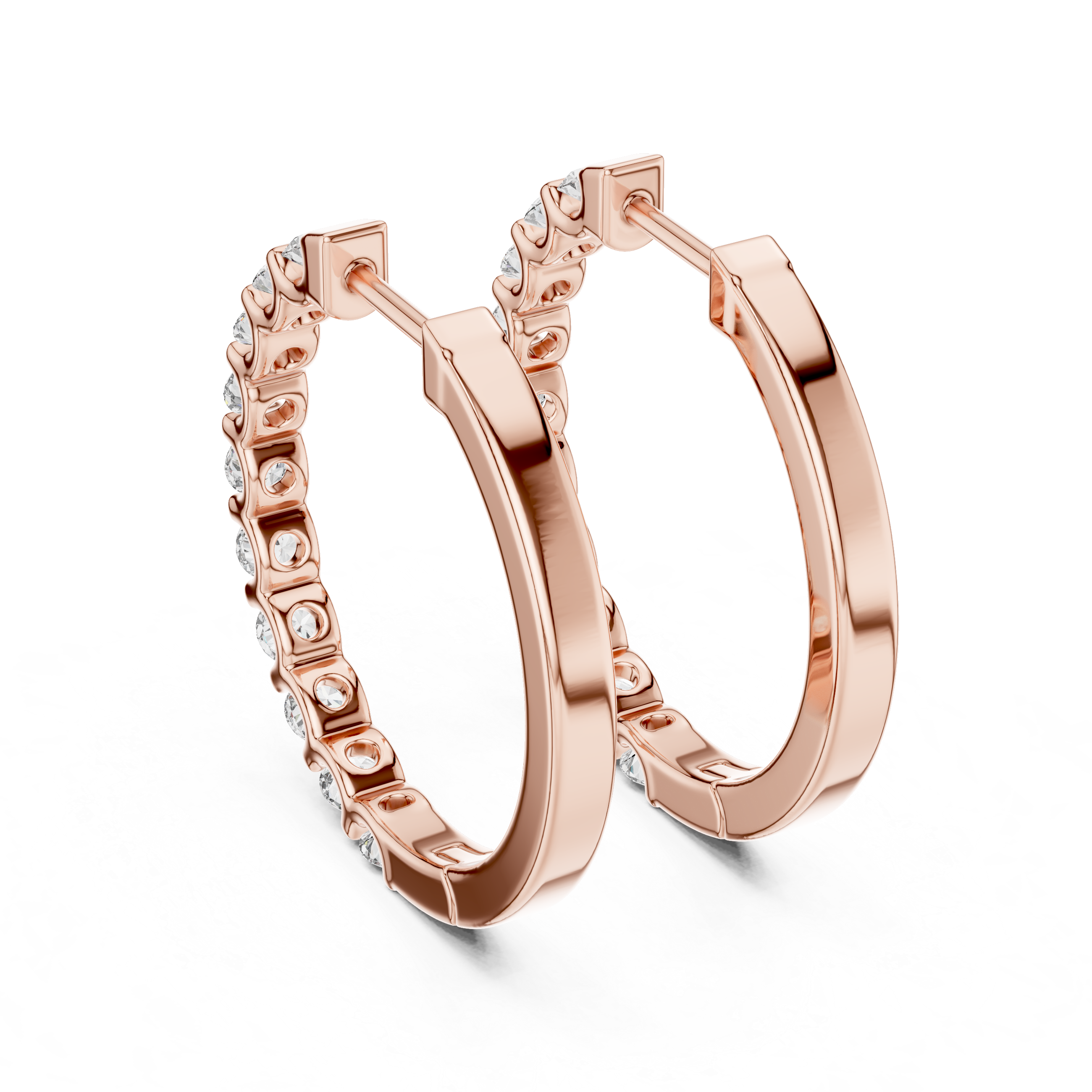 Rose gold hoop earrings with small diamonds on a white background
