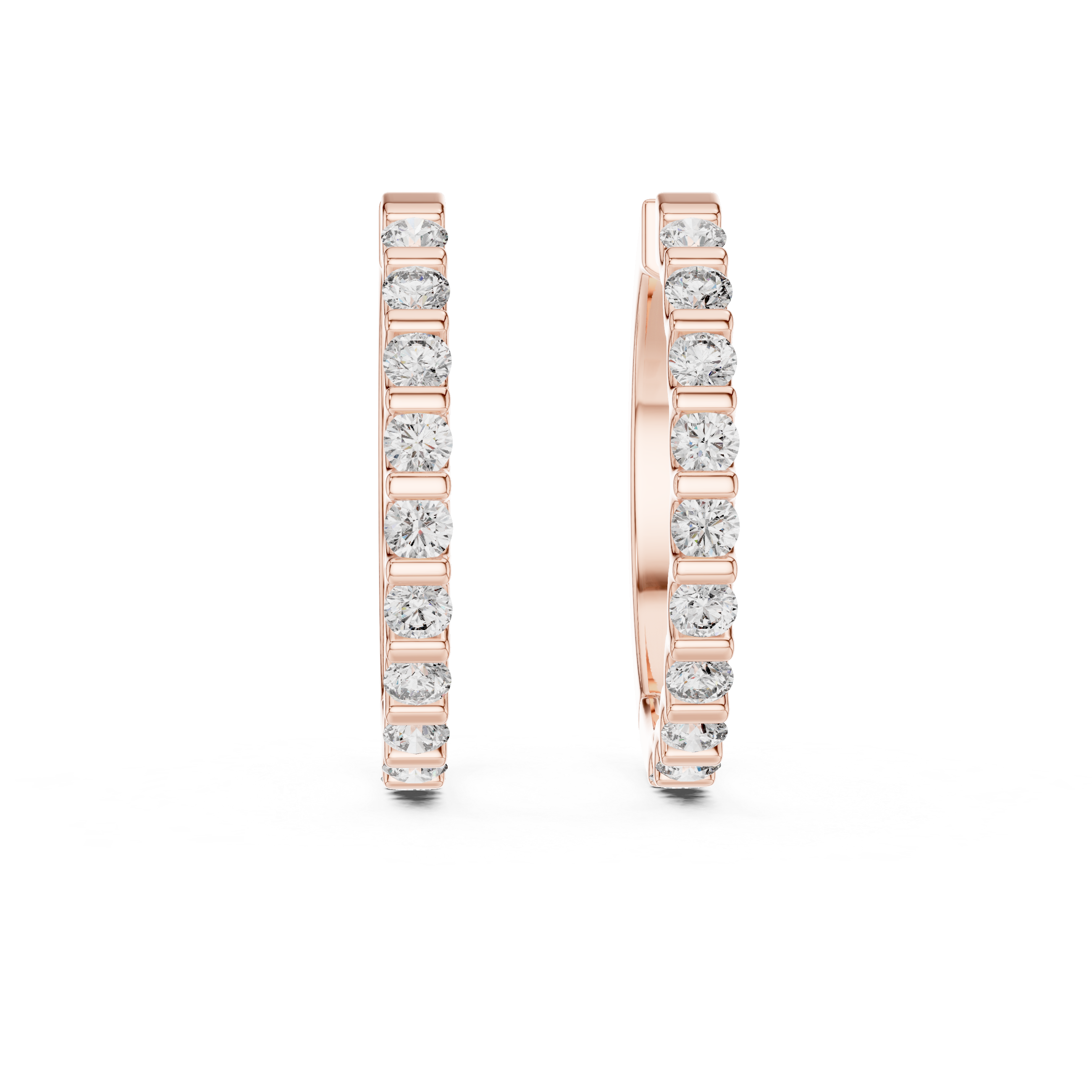 Rose gold hoop earrings with diamond accents on a white background