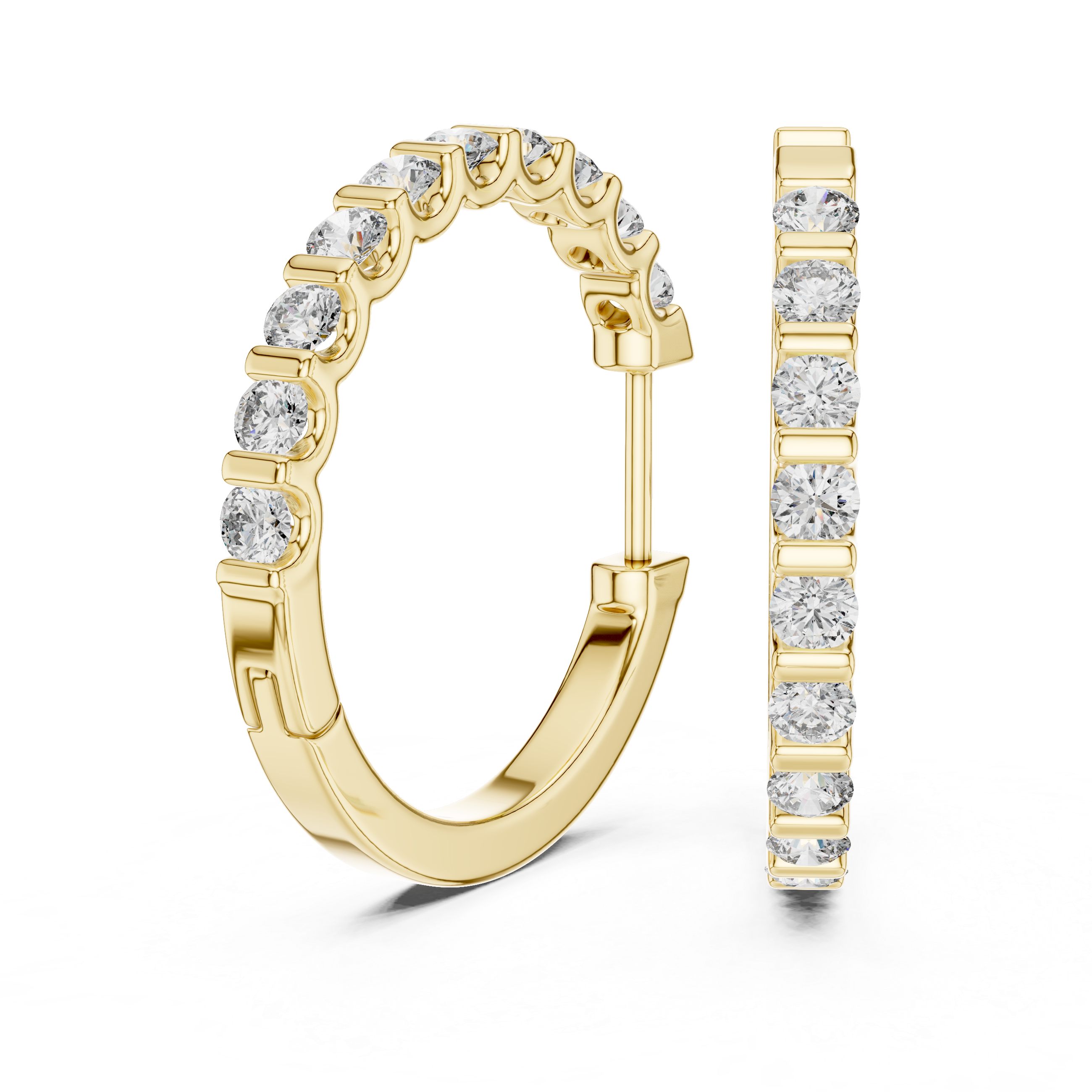 Gold hoop earrings with diamond accents on a white background