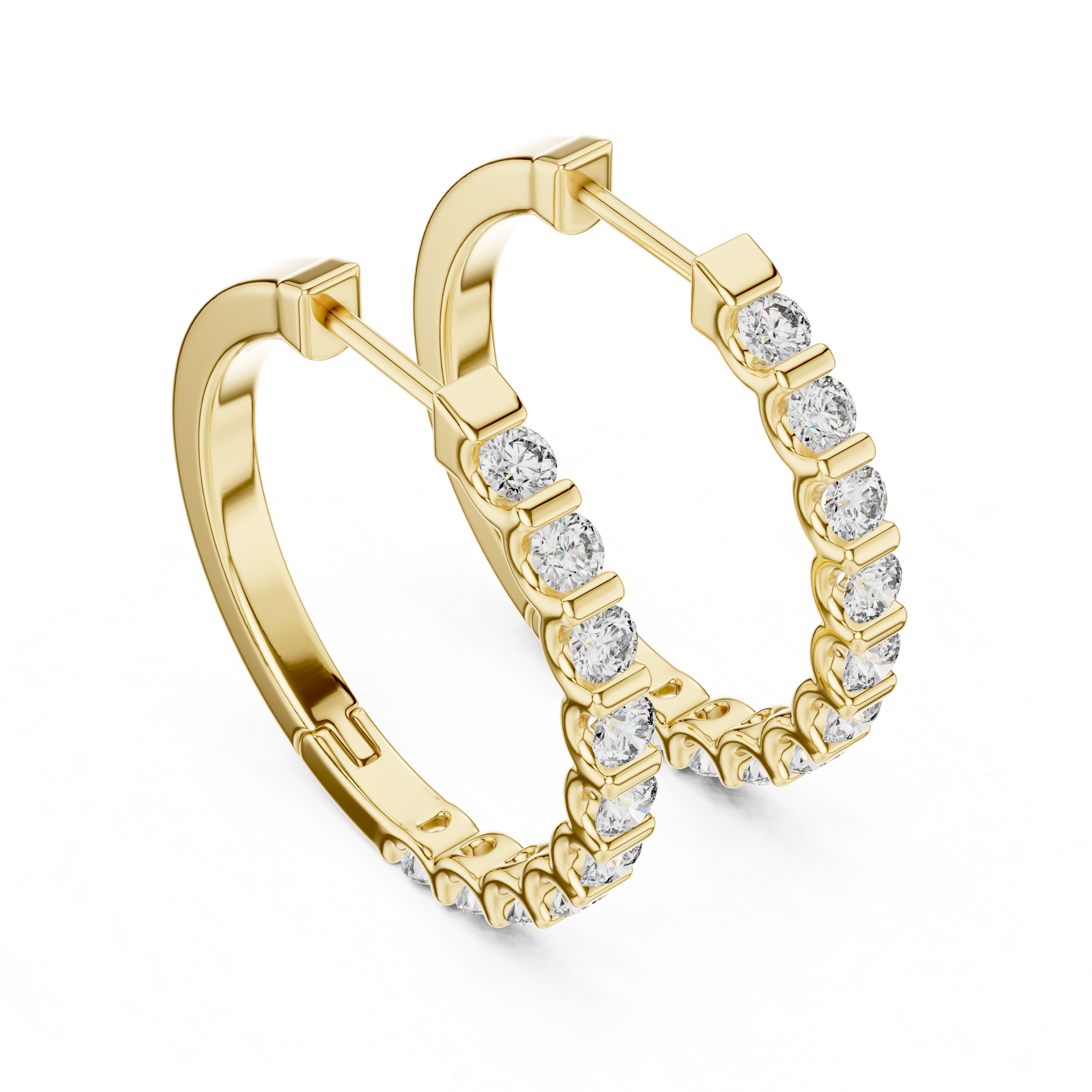 Gold hoop earrings with clear gemstones on a white background