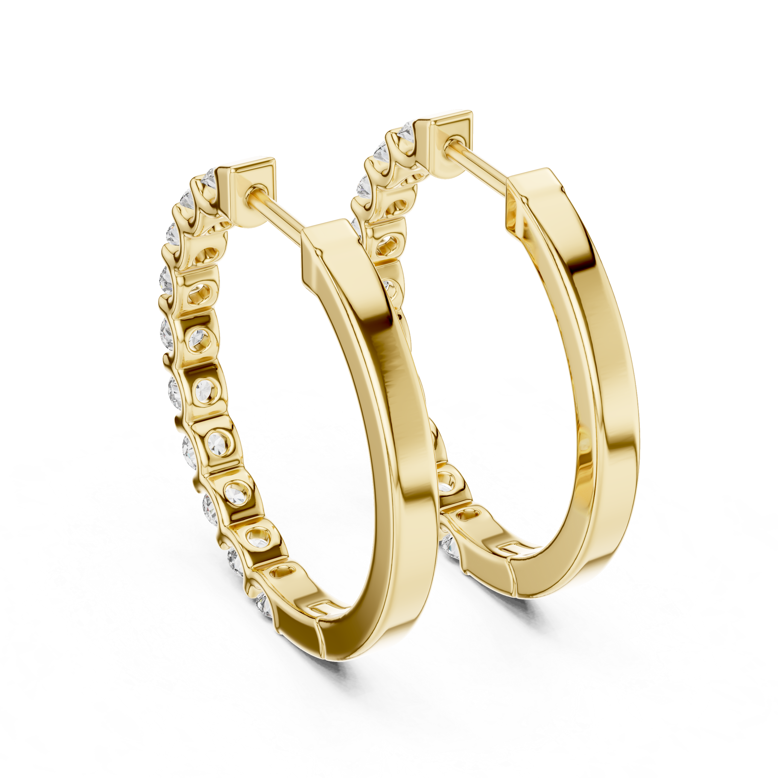 Gold hoop earrings with small diamonds on a white background