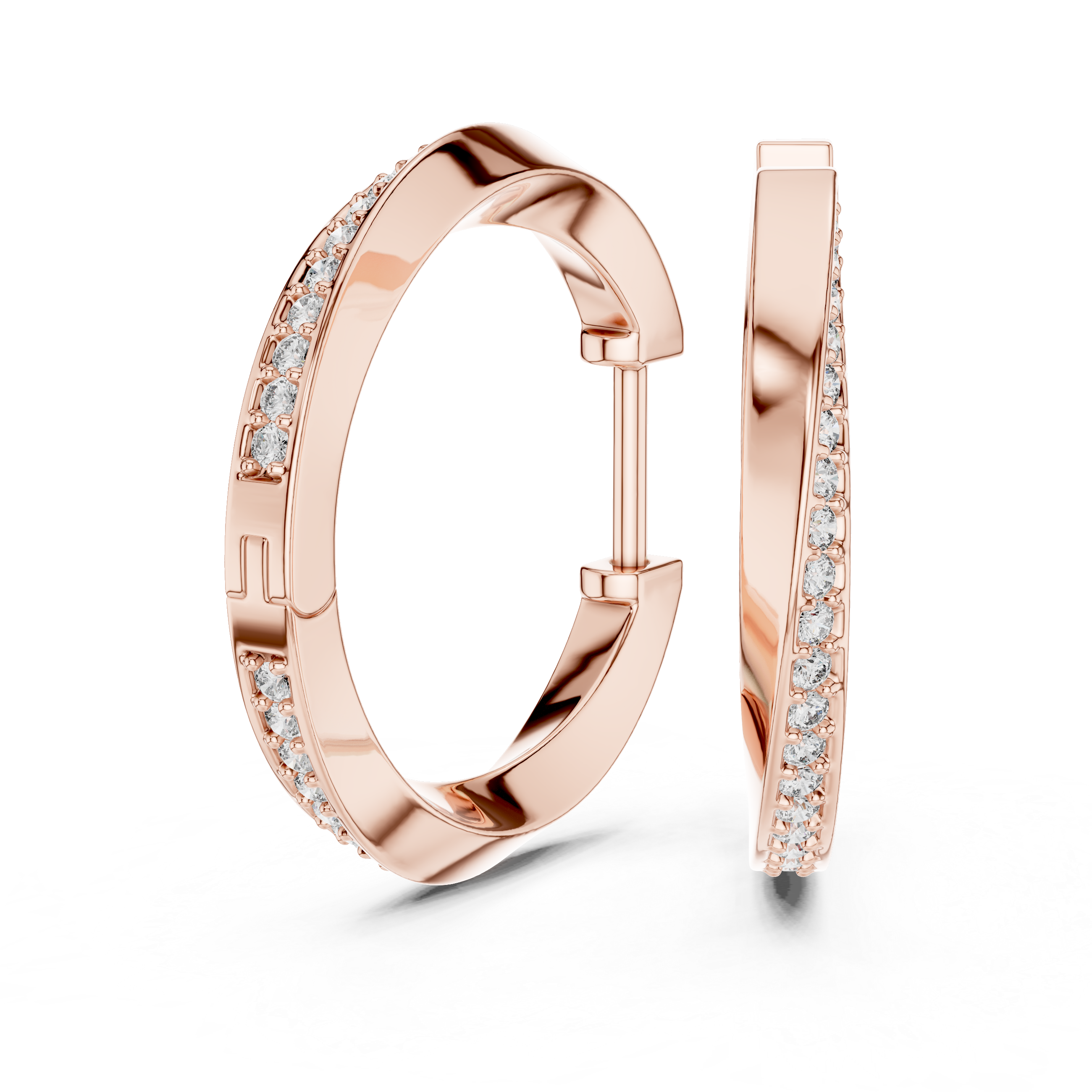 Rose gold hoop earrings with embedded diamonds on a white background