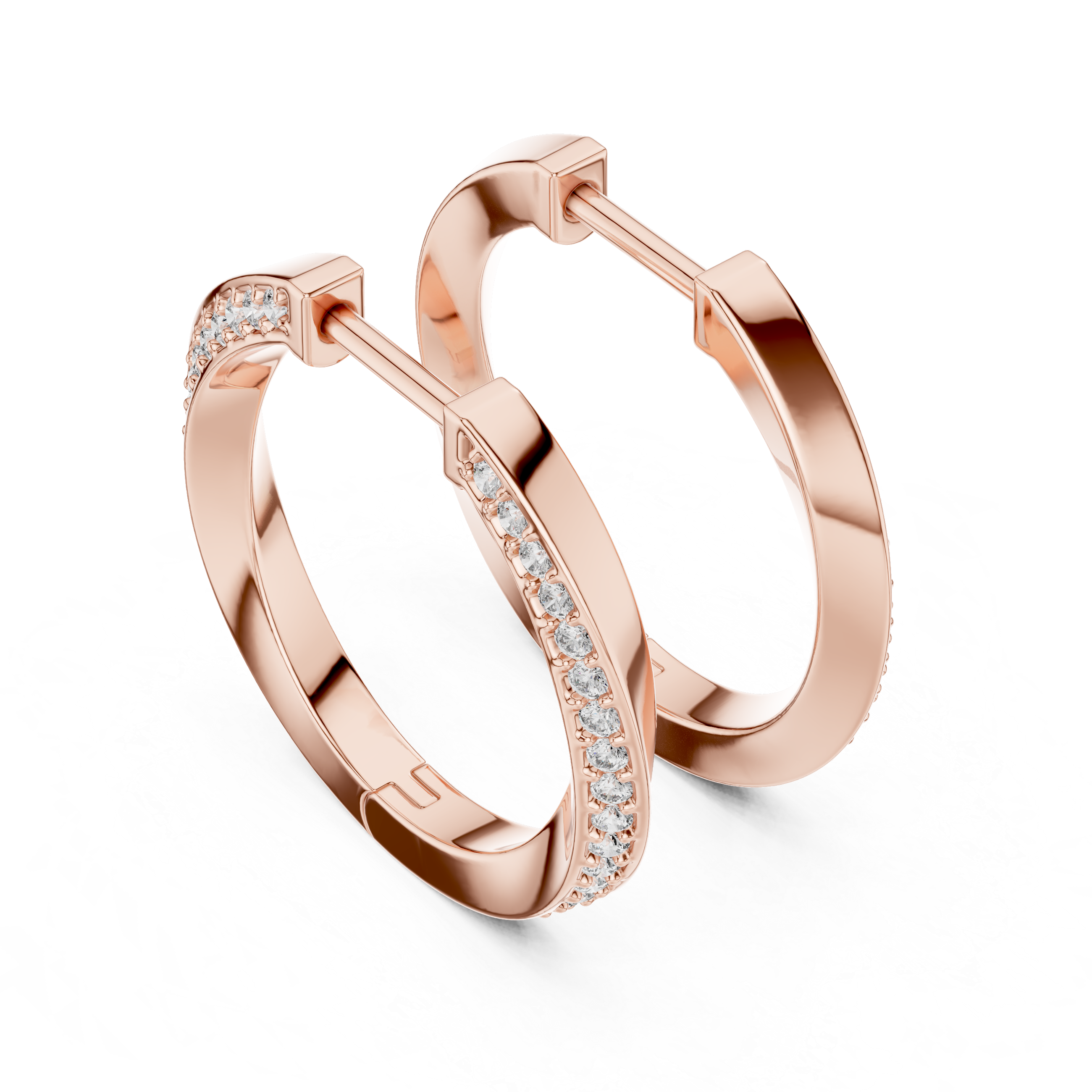 Rose gold hoop earrings with small diamonds on a white background