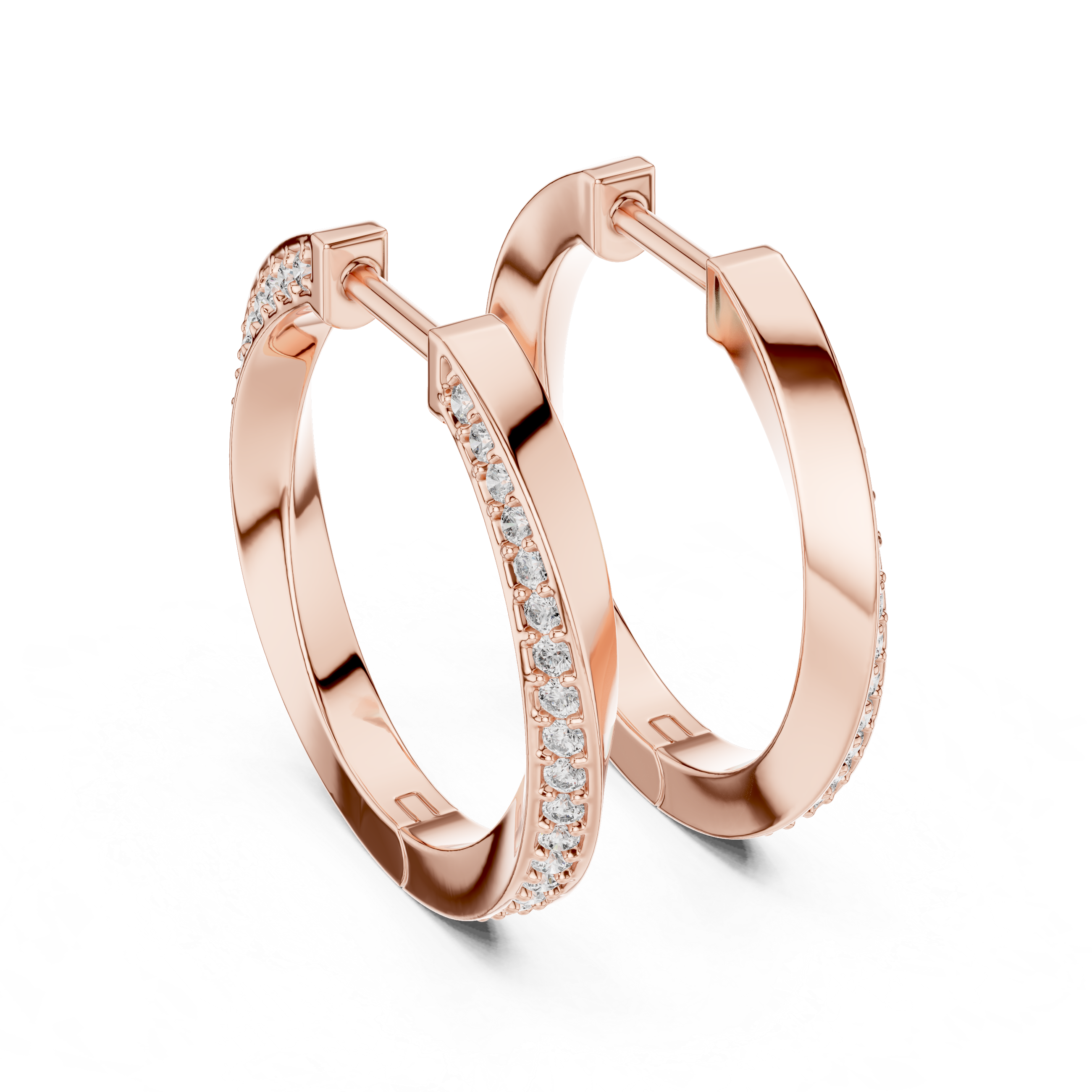Rose gold hoop earrings with diamond accents on a white background