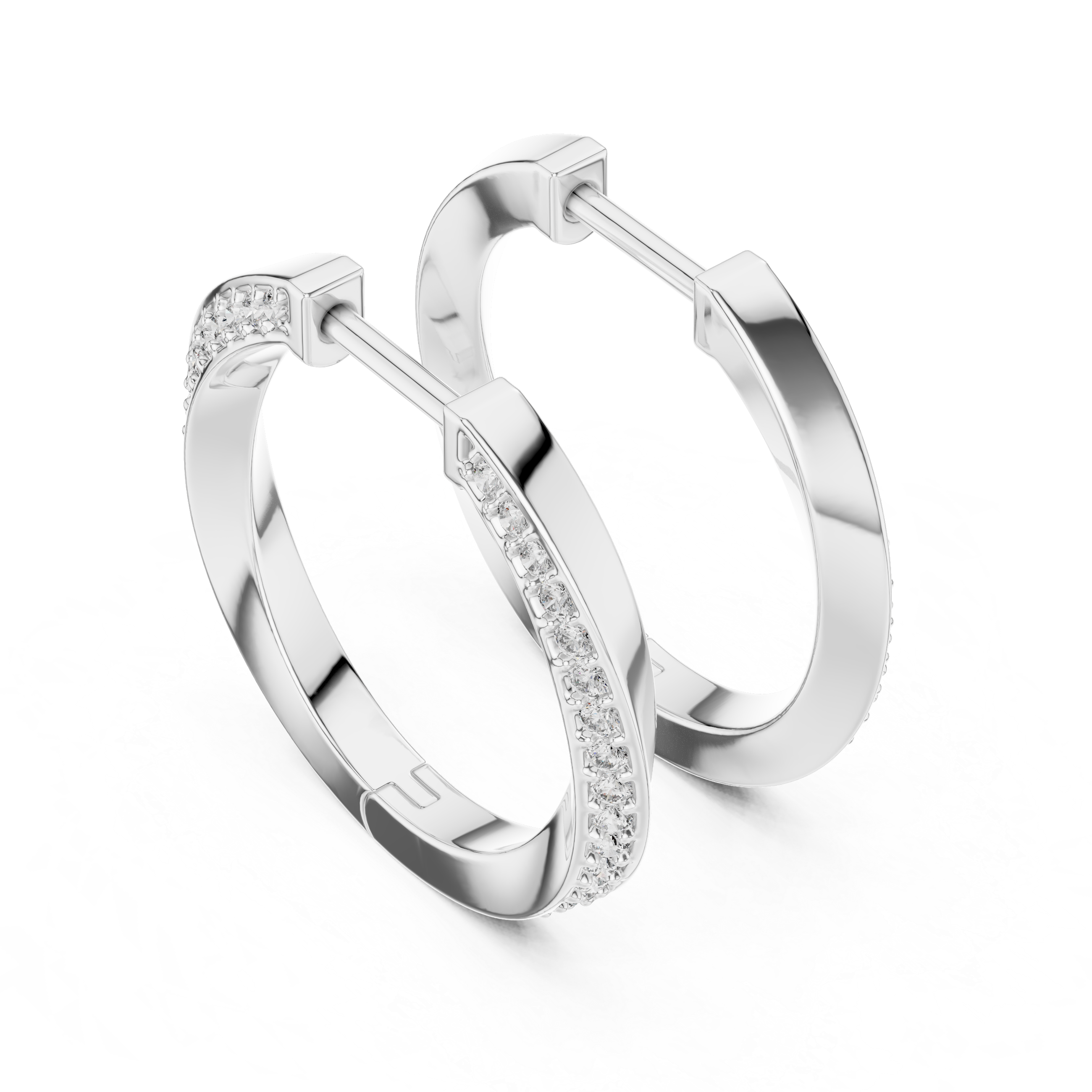 Silver hoop earrings with small diamonds on a white background