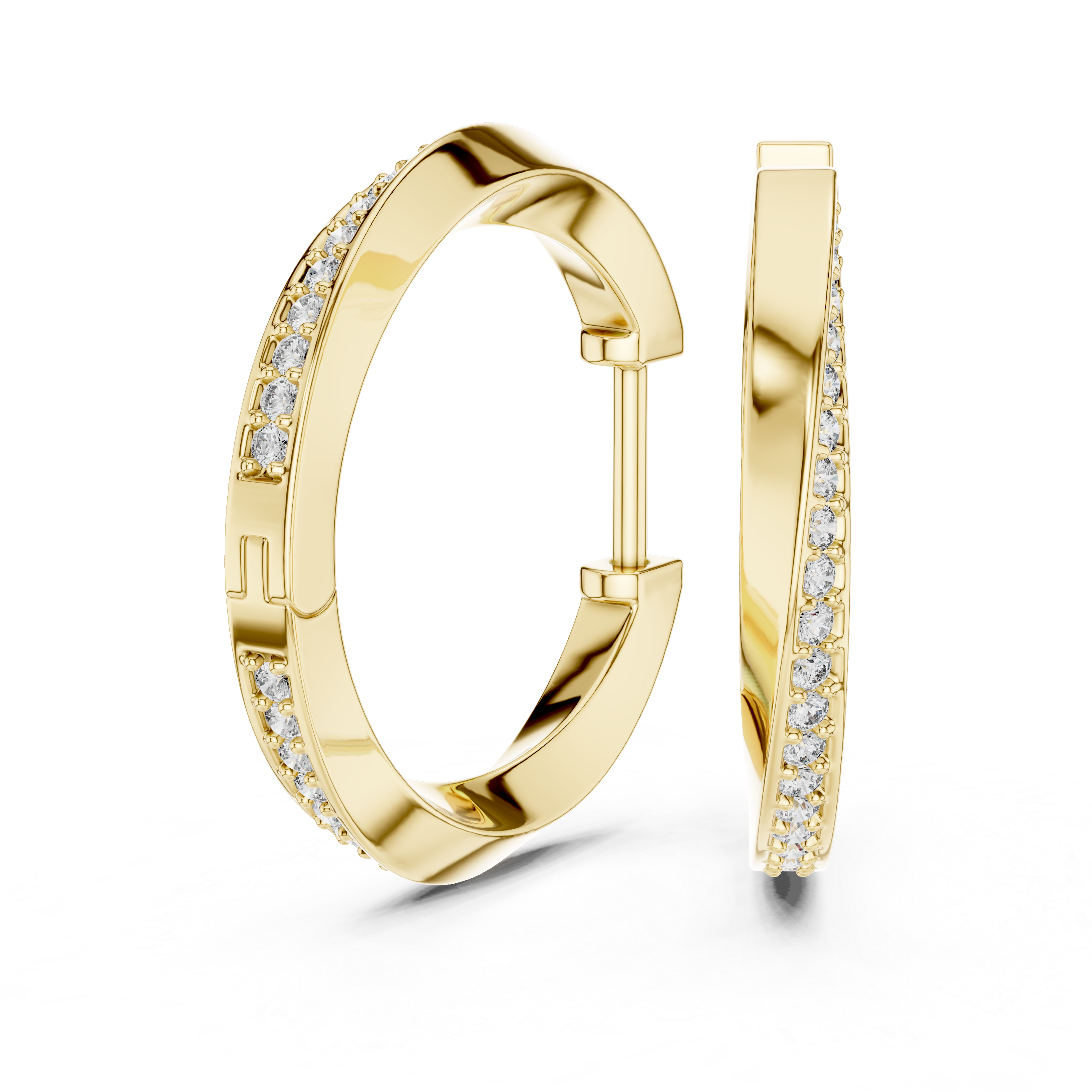 Gold hoop earrings with embedded diamonds on a white background