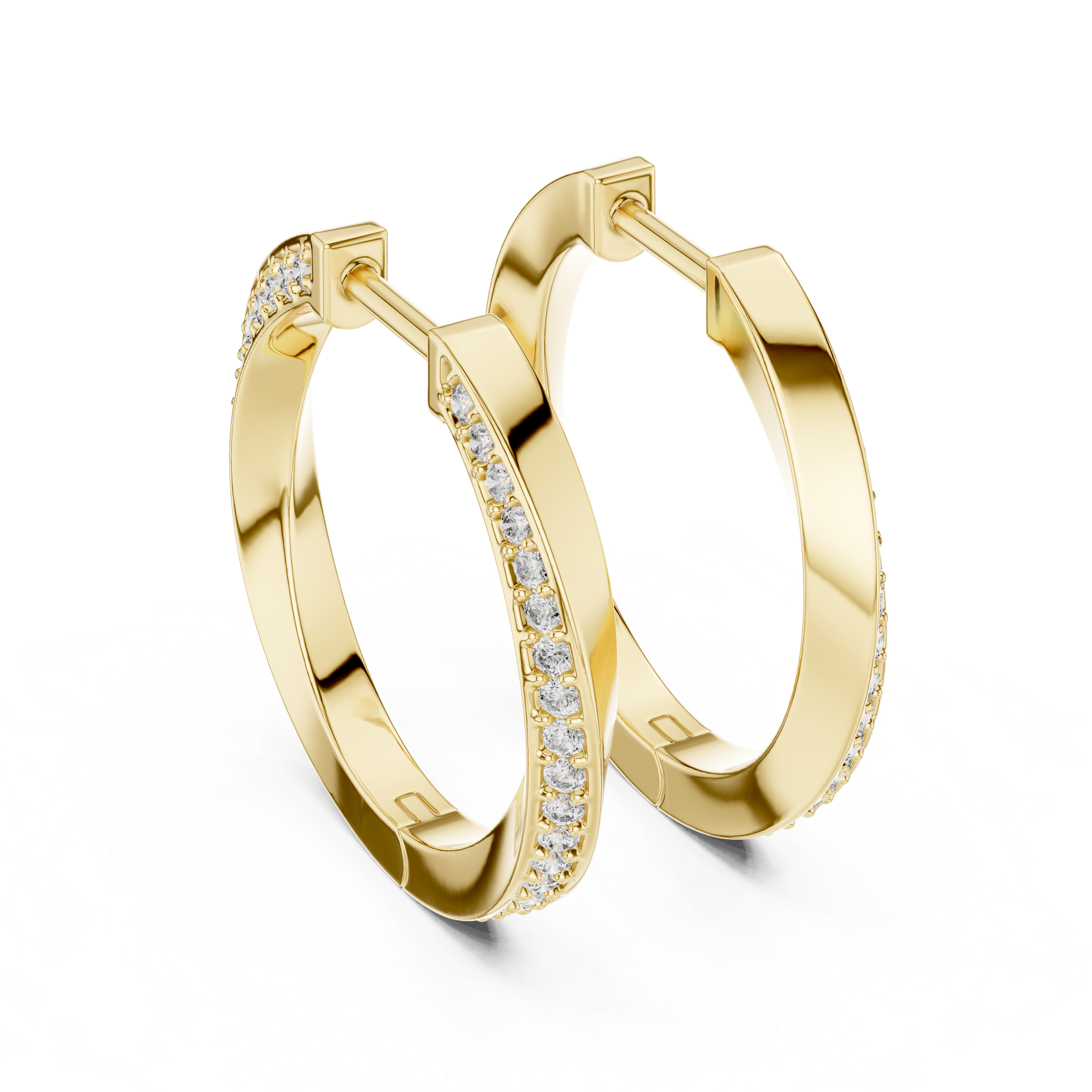 Gold hoop earrings with embedded diamonds on a white background