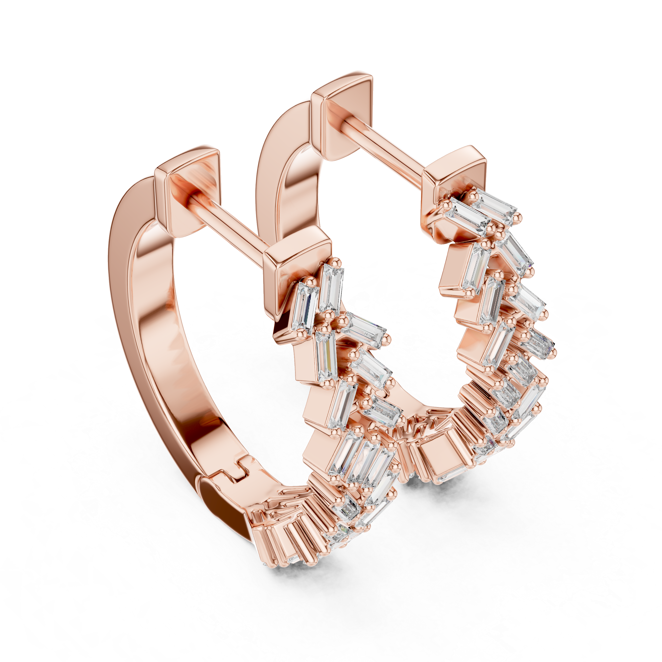 Rose gold hoop earring with diamond accents on a white background