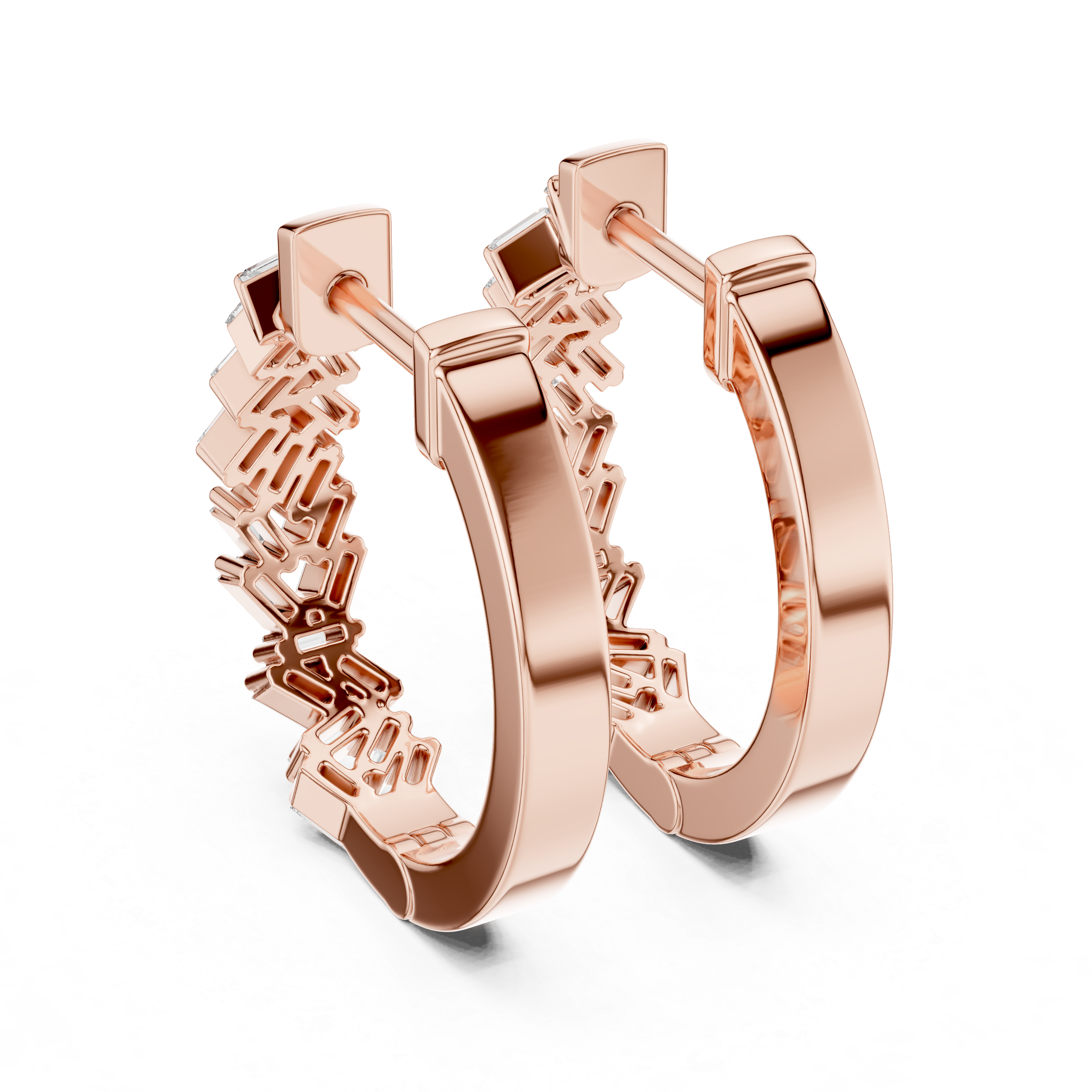 Rose gold hoop earrings on a white background