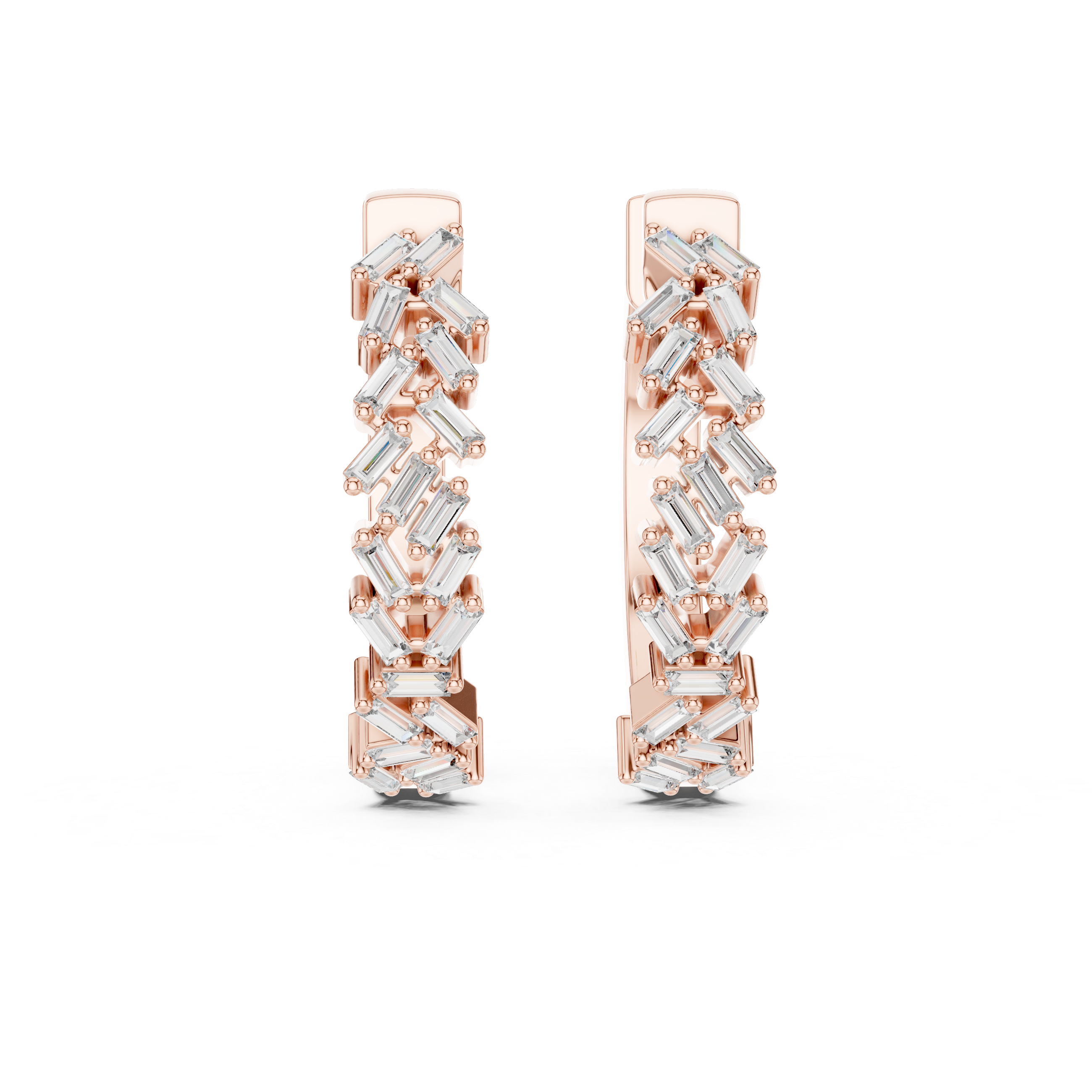 Rose gold and silver earrings on a white background