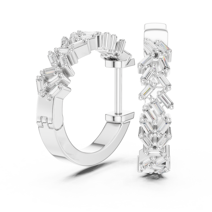 Elegant White Gold Hoop Earrings with Baguette-Cut Crystals in 14-KT White Gold